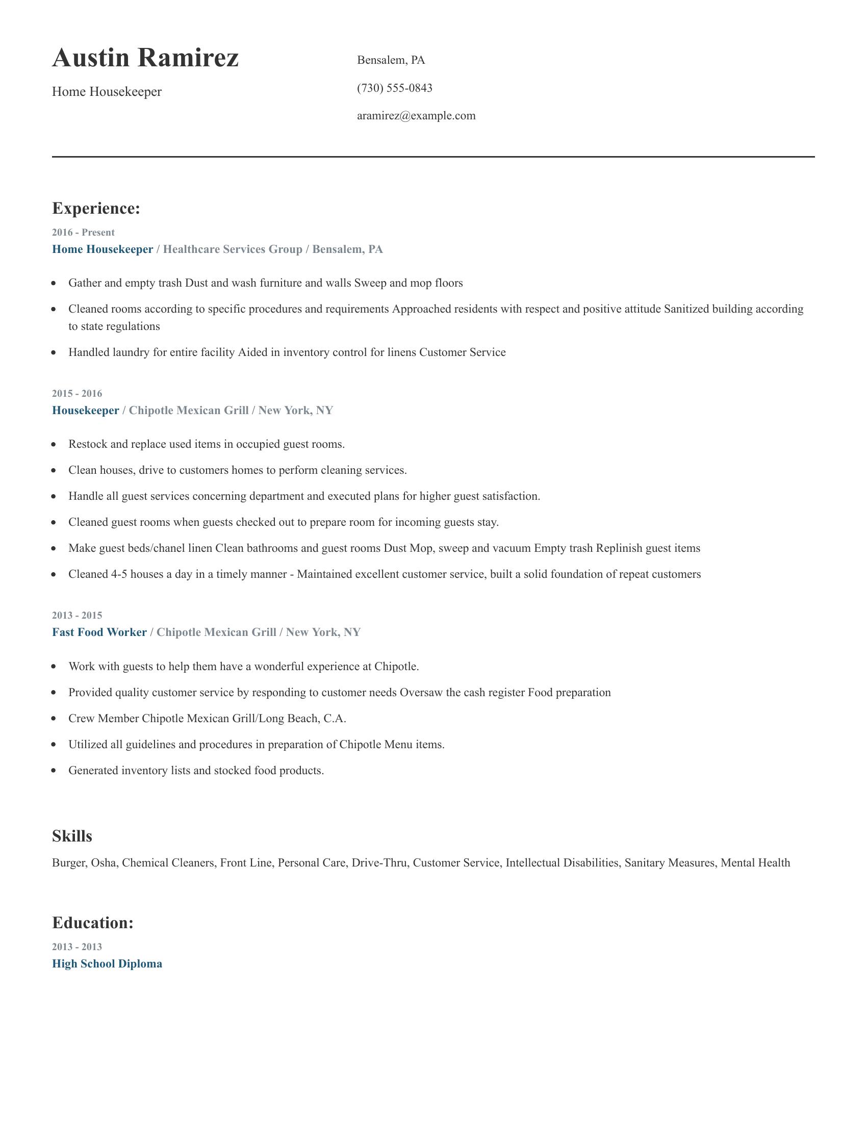 Home Housekeeper resume example