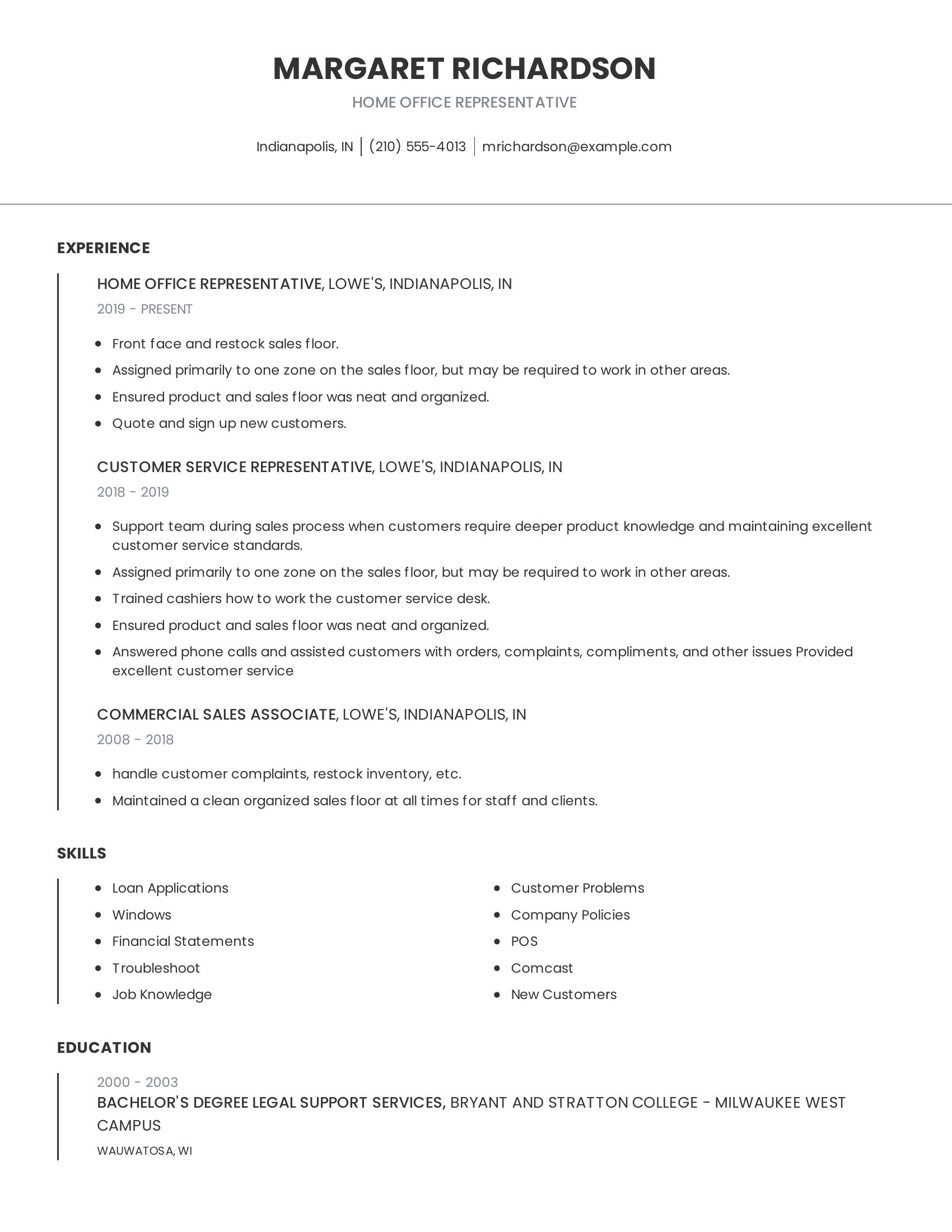 Home Office Representative resume example