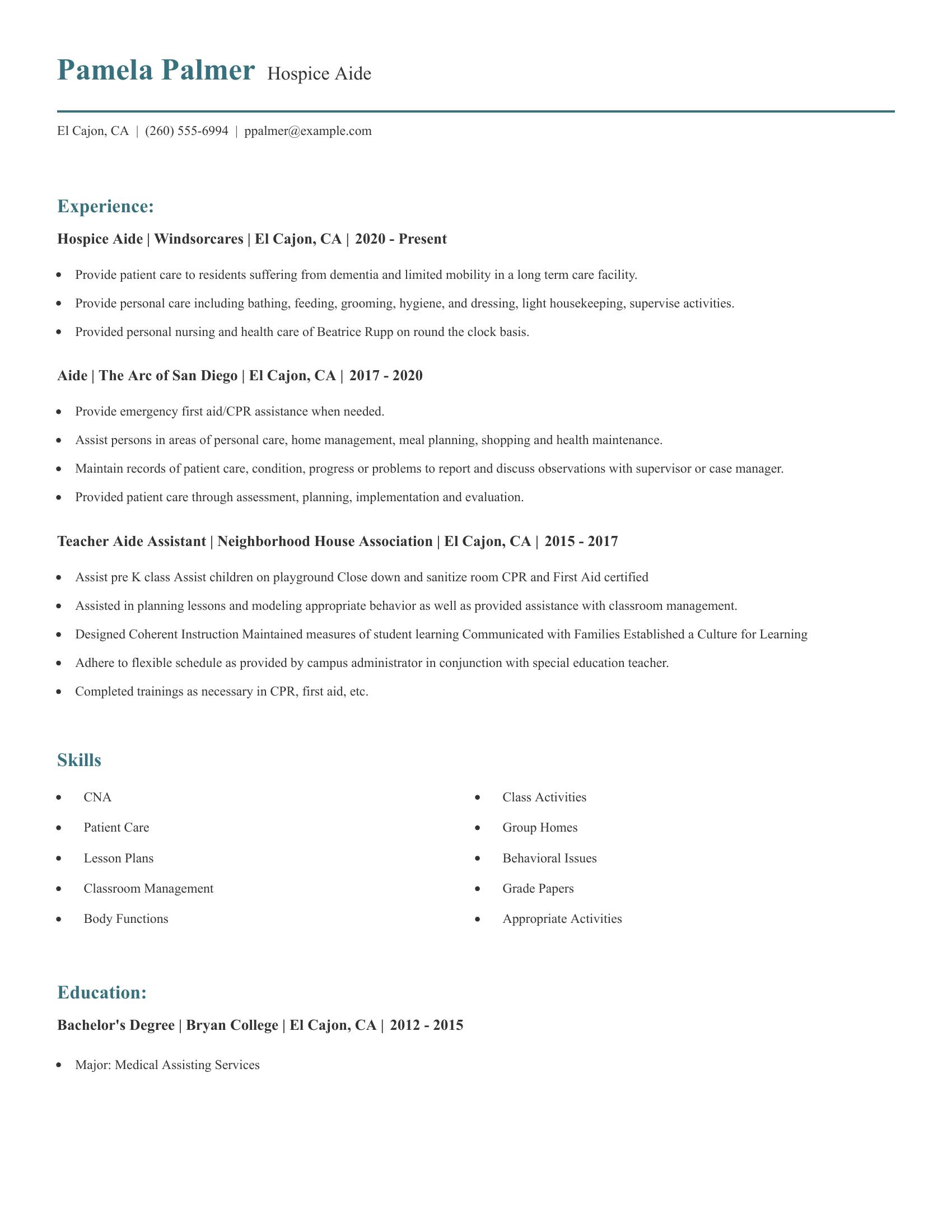 Hospice Aide resume example