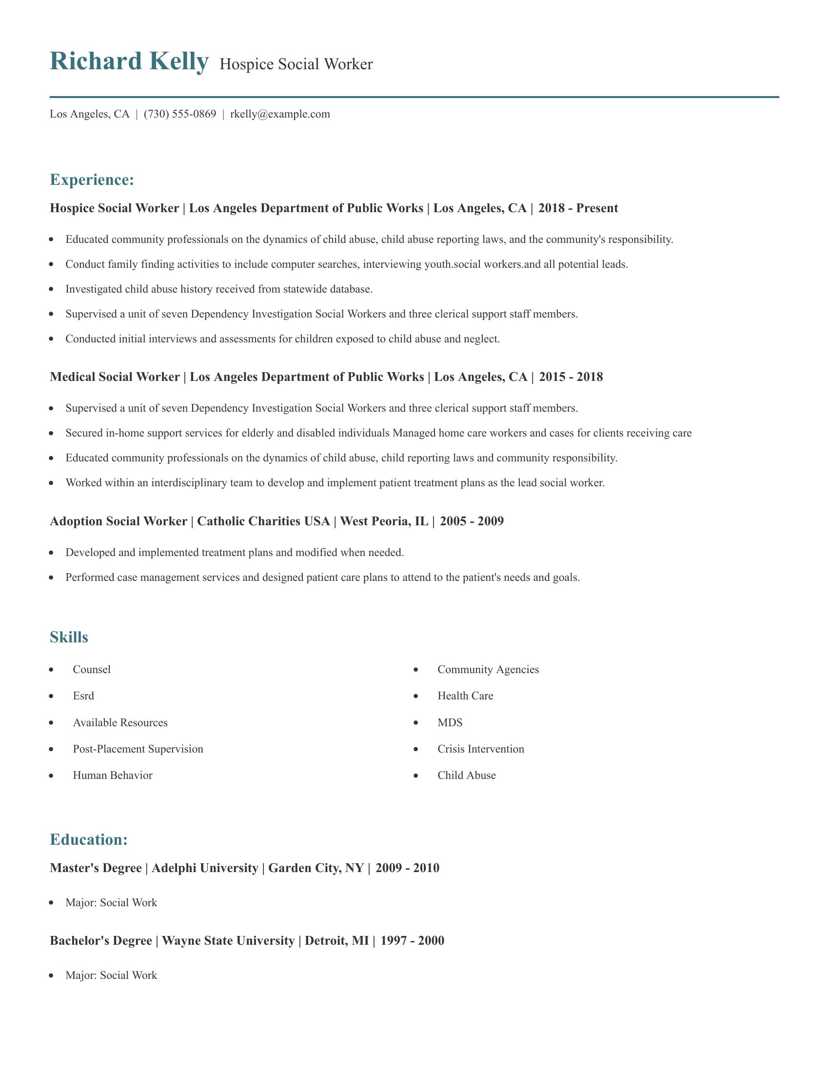 Hospice Social Worker resume example