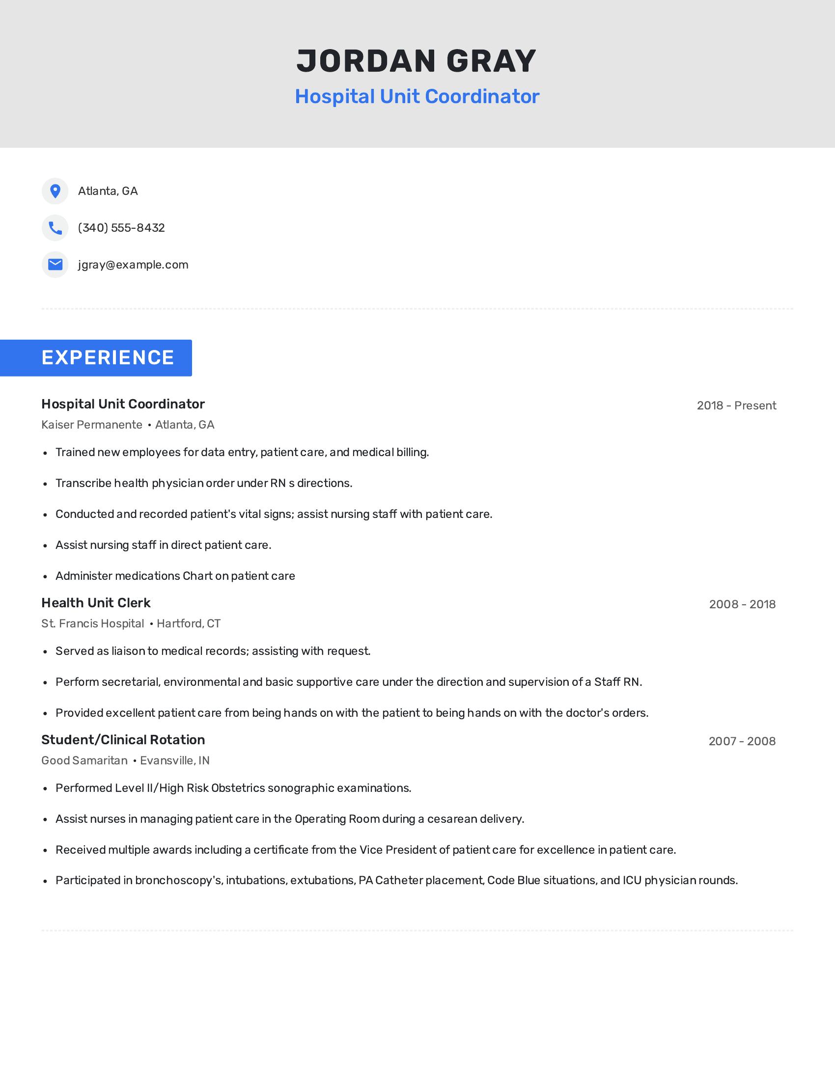 Hospital Unit Coordinator resume example