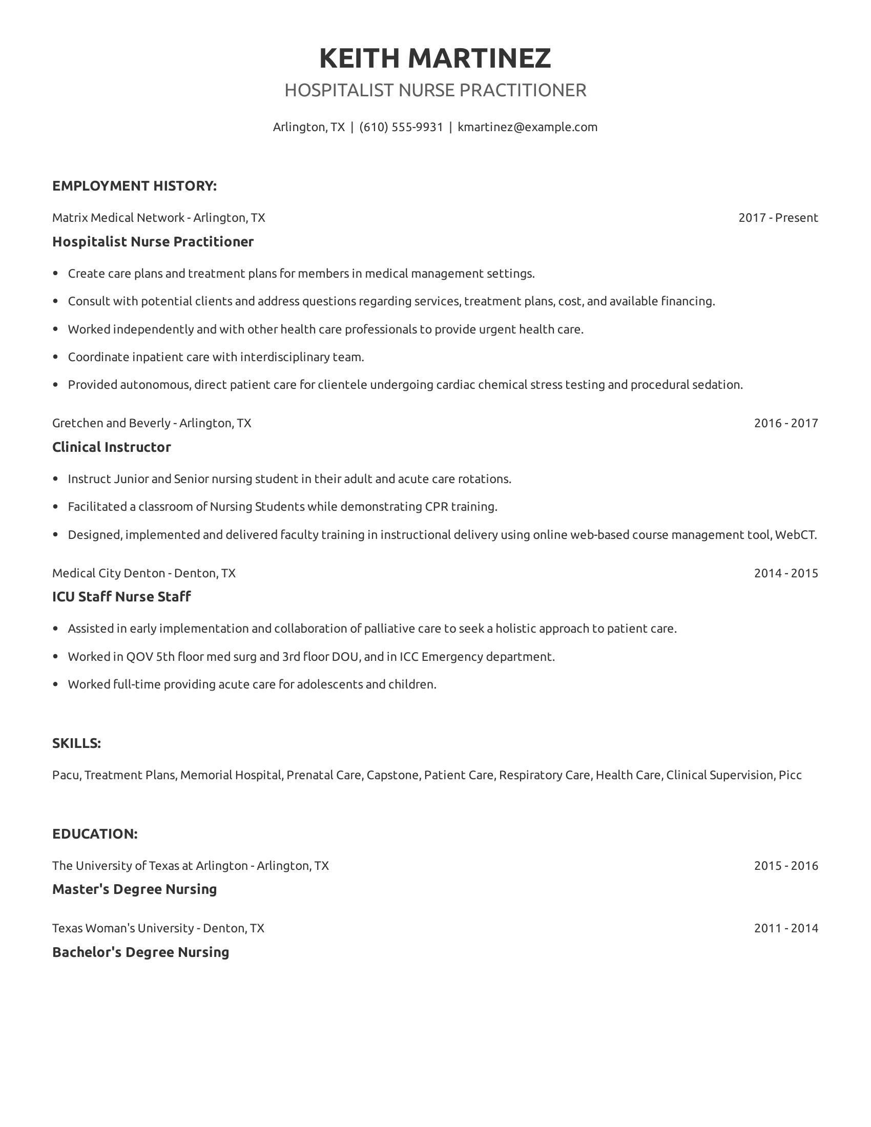 Hospitalist Nurse Practitioner resume example