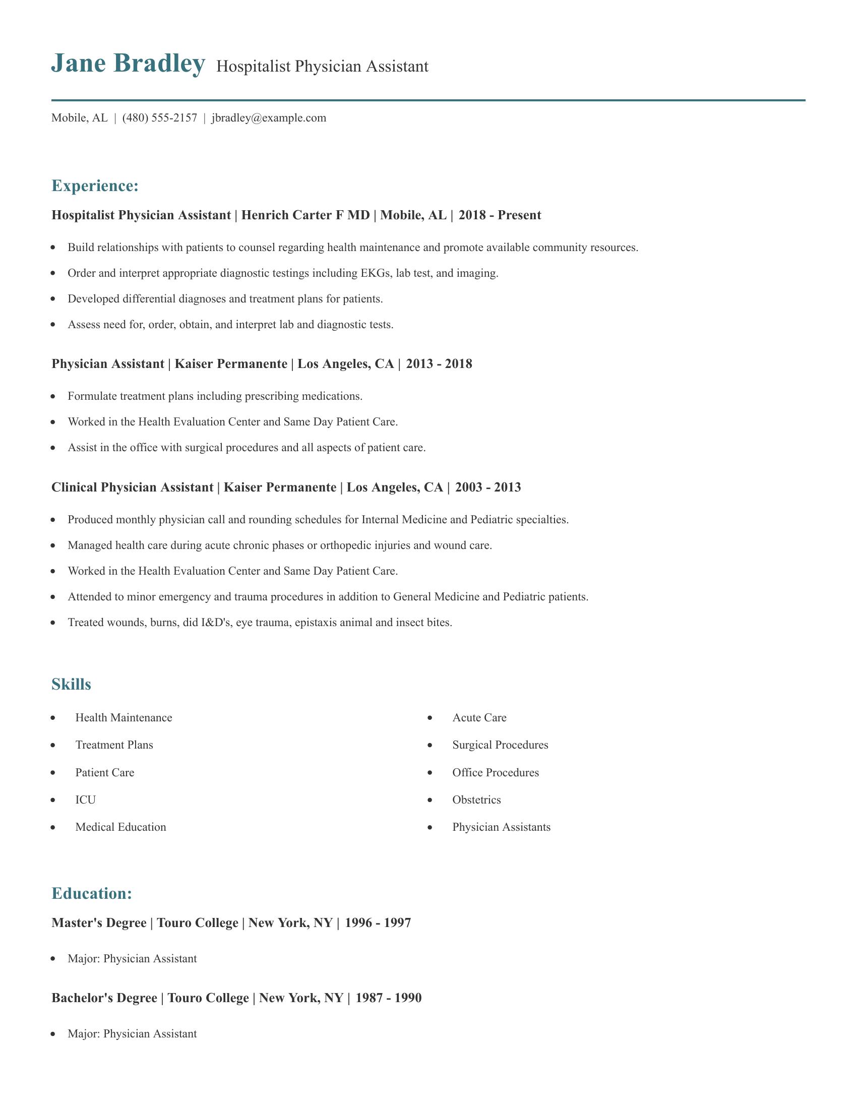 Hospitalist Physician Assistant resume example