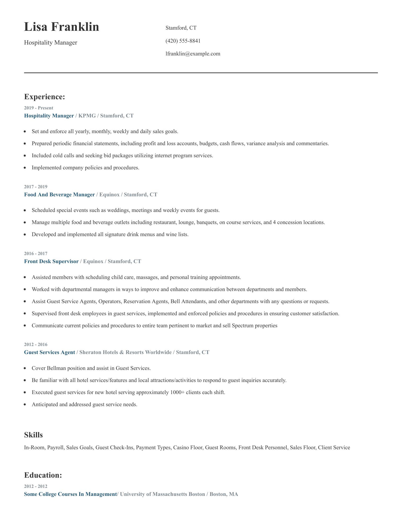 Hospitality Manager resume example