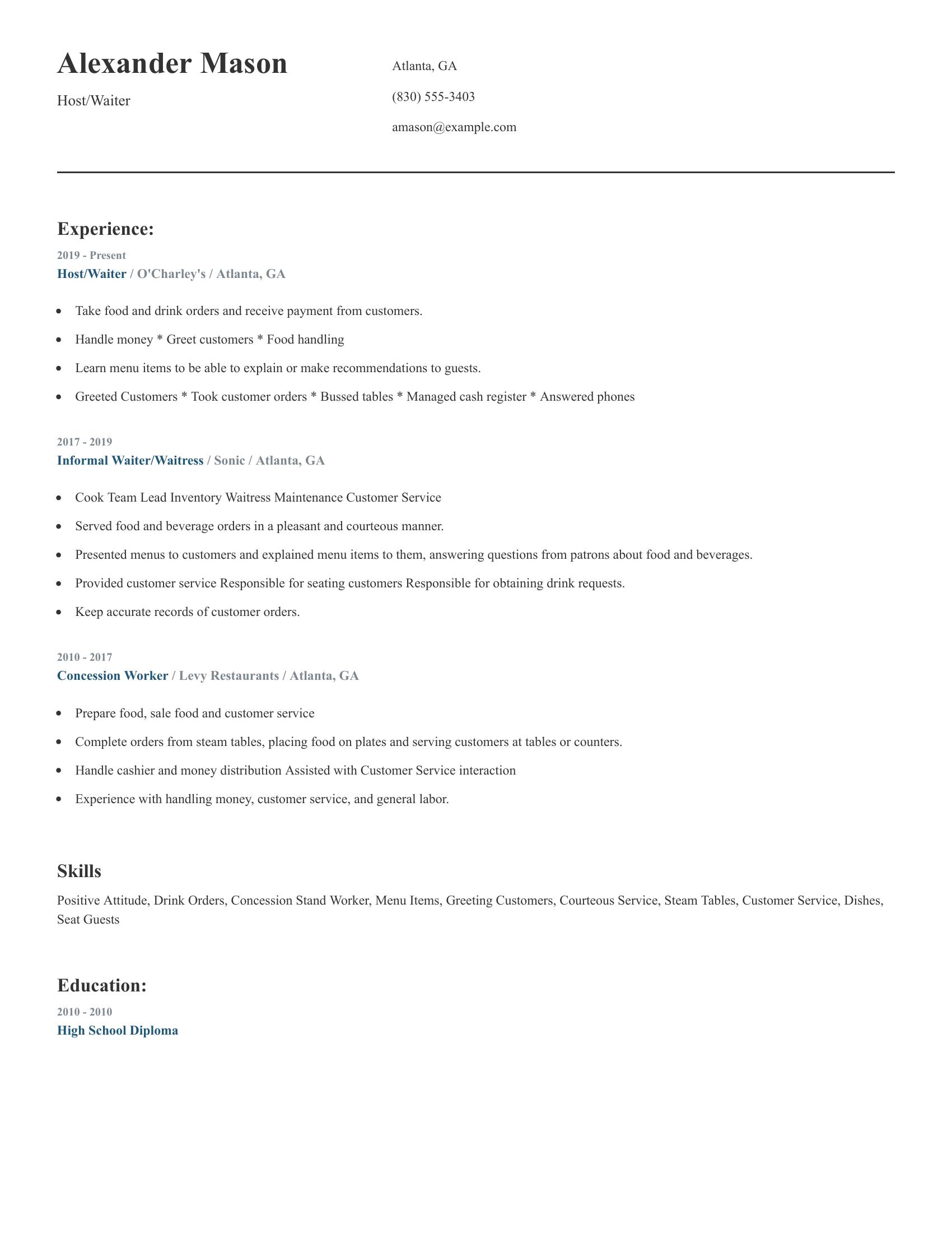 Host/Waiter resume example