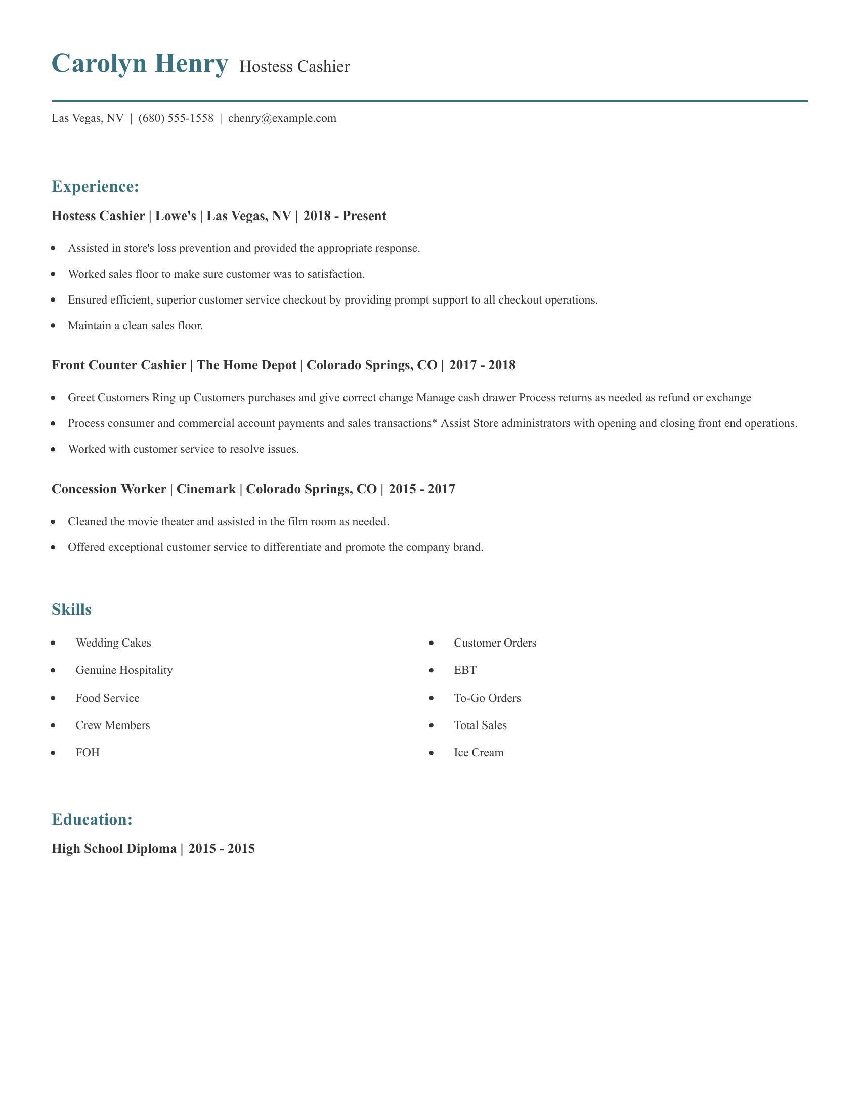 Hostess Cashier resume example