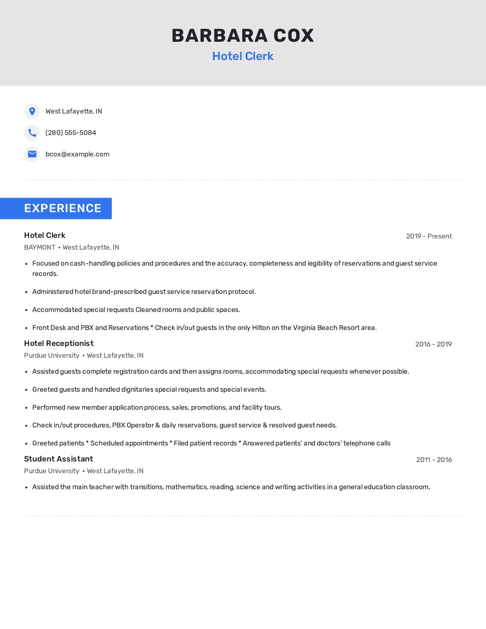 Hotel Clerk resume example
