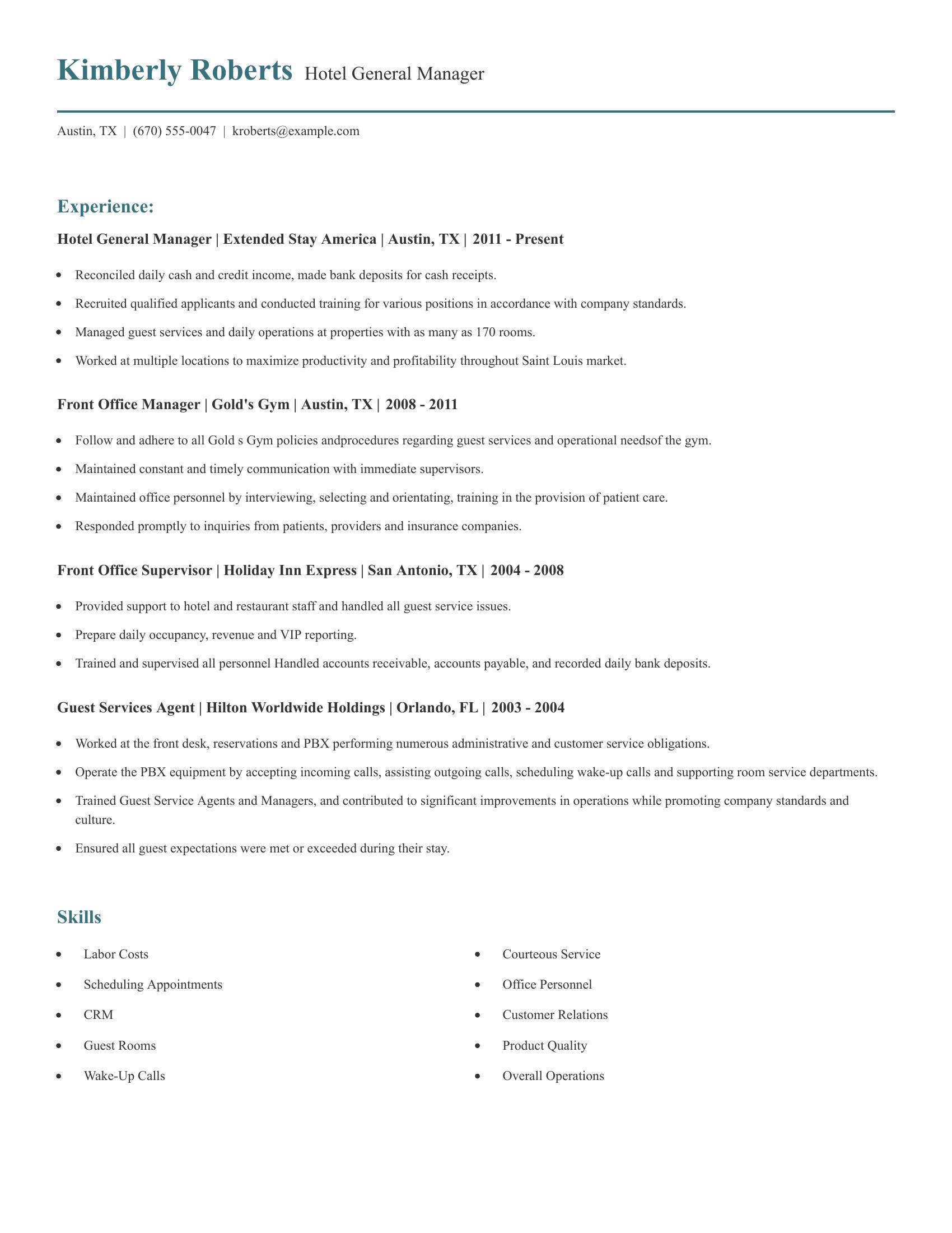 Hotel General Manager resume example