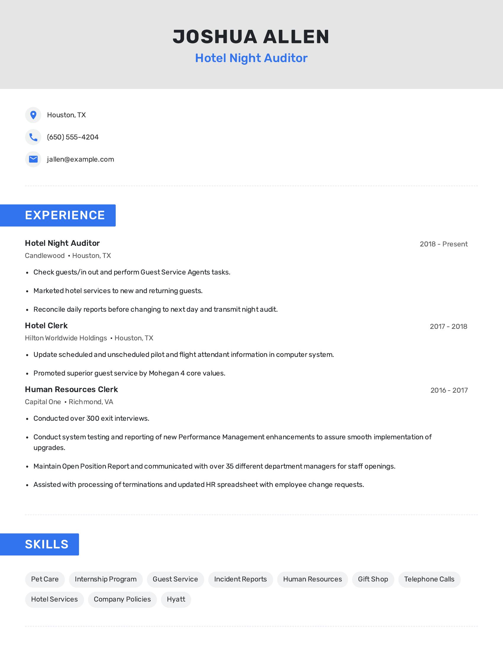 Hotel Night Auditor resume example