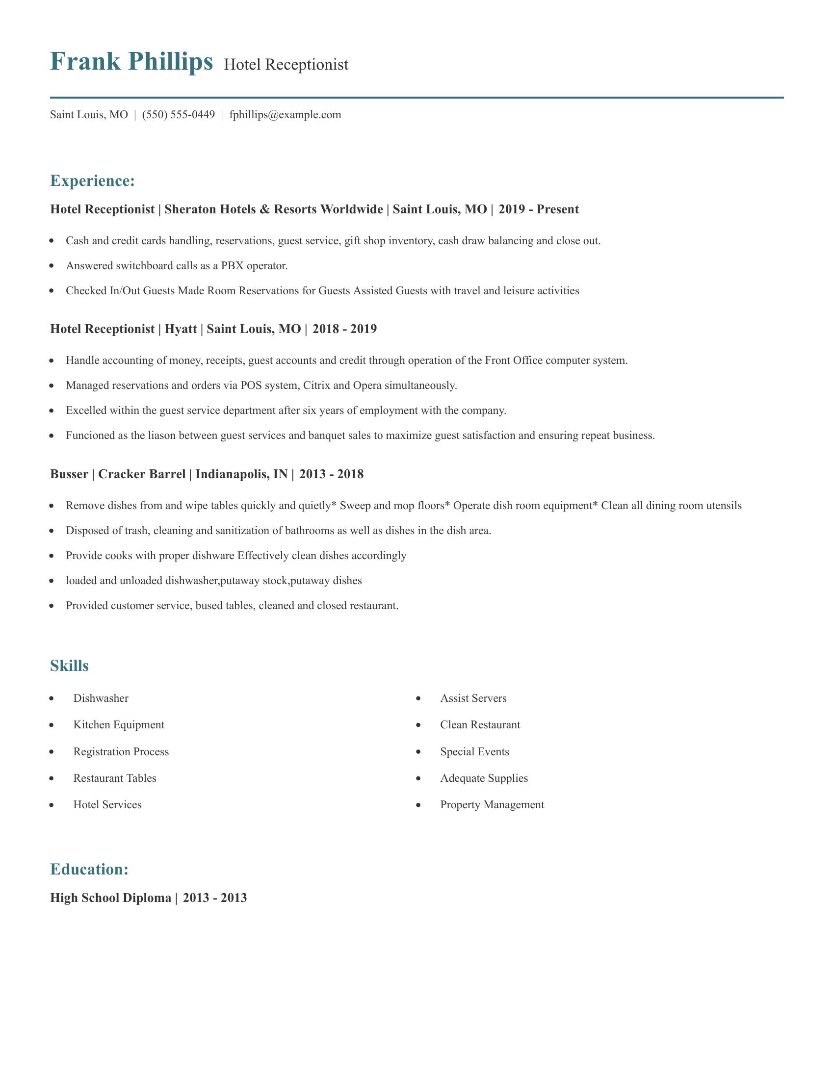 Hotel Receptionist resume example