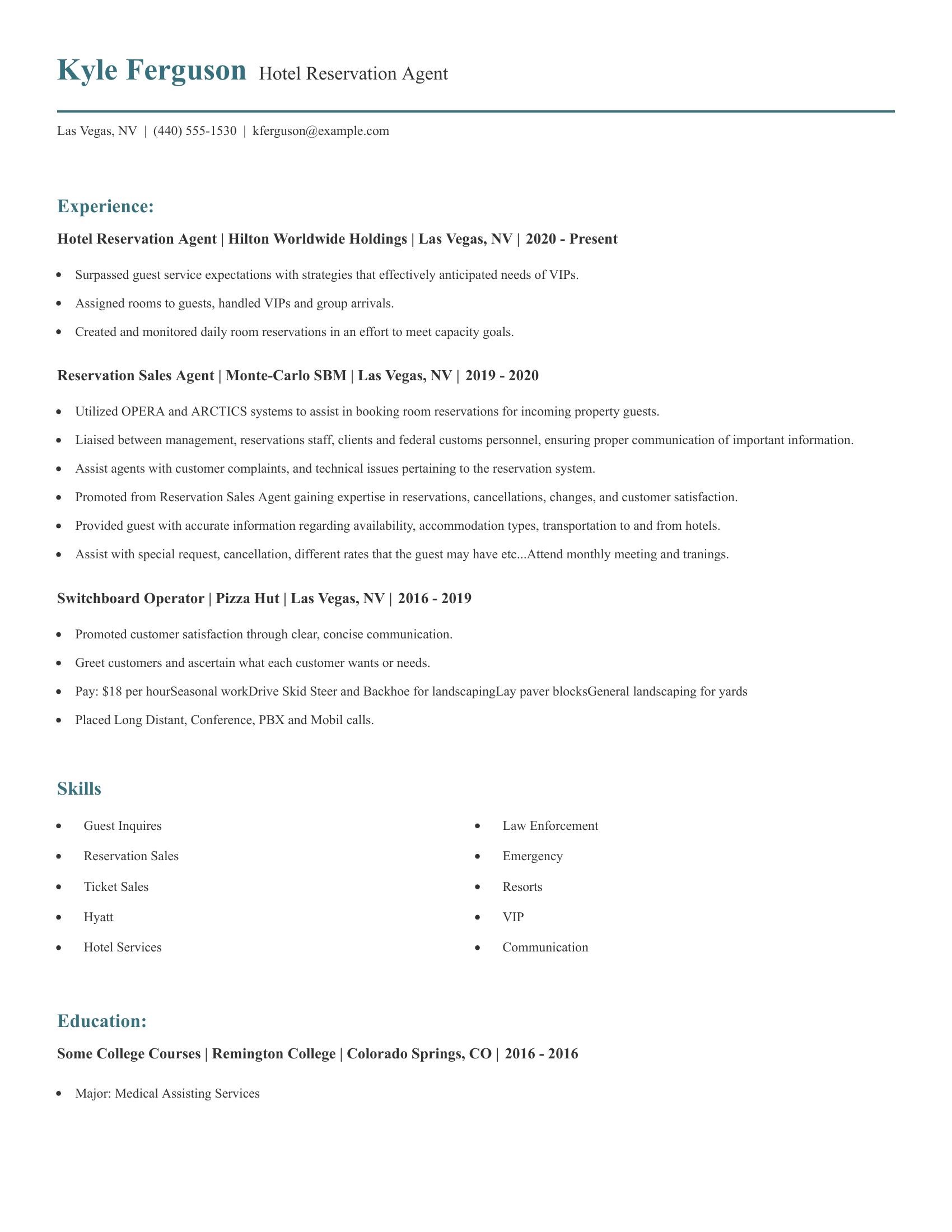 Hotel Reservation Agent resume example