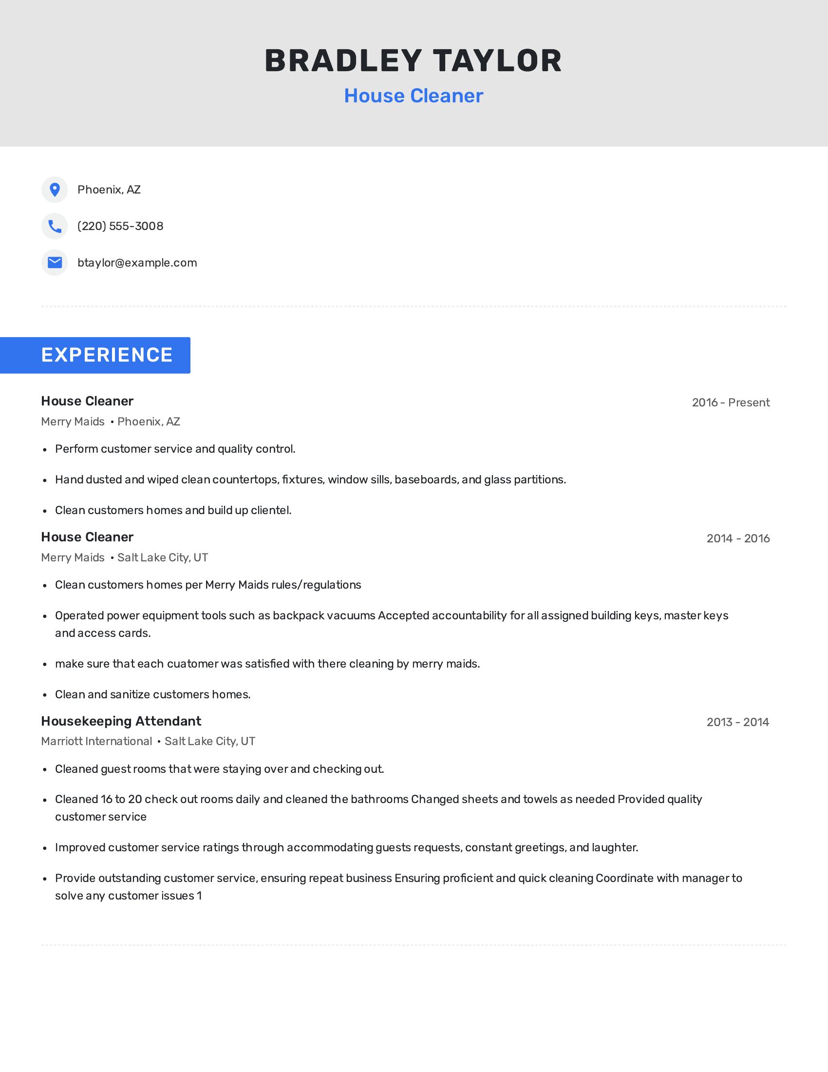 House Cleaner resume example