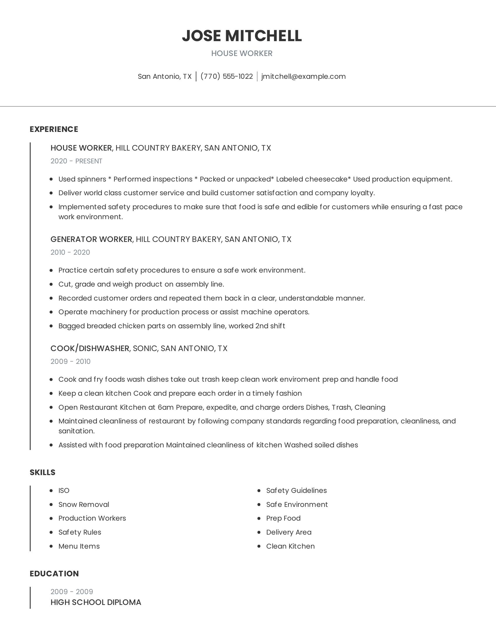 House Worker resume example