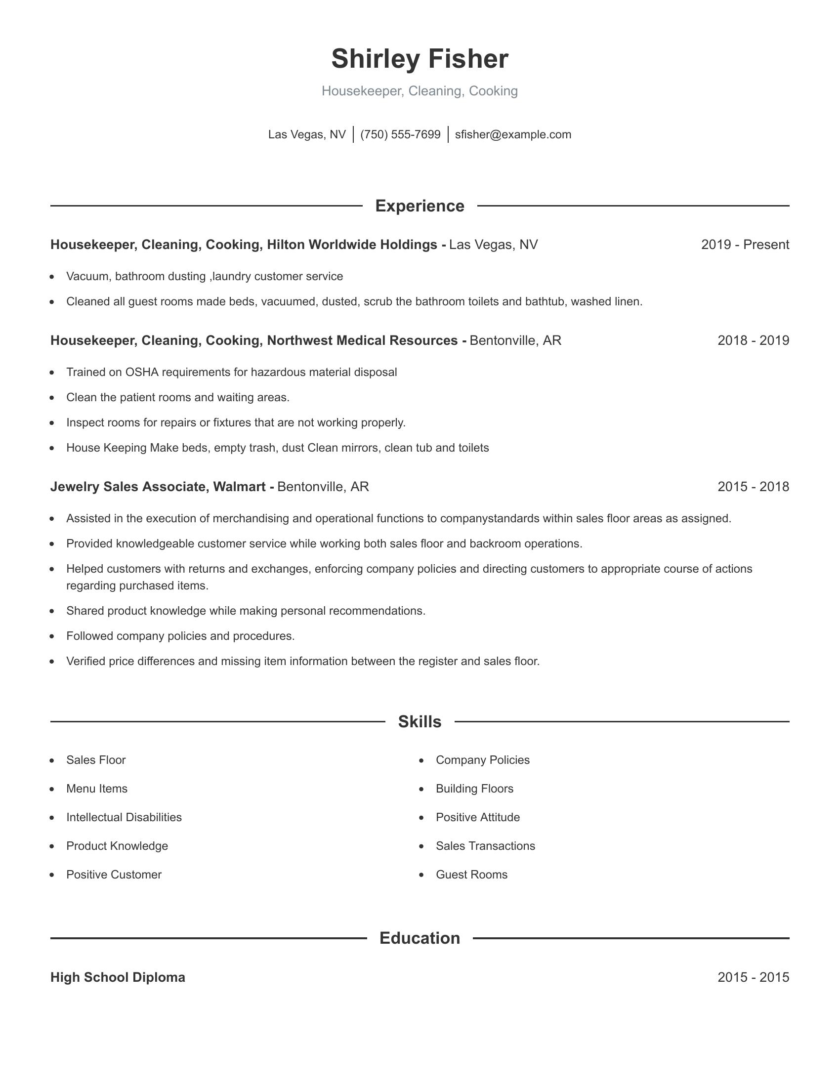 Housekeeper, Cleaning, Cooking resume example