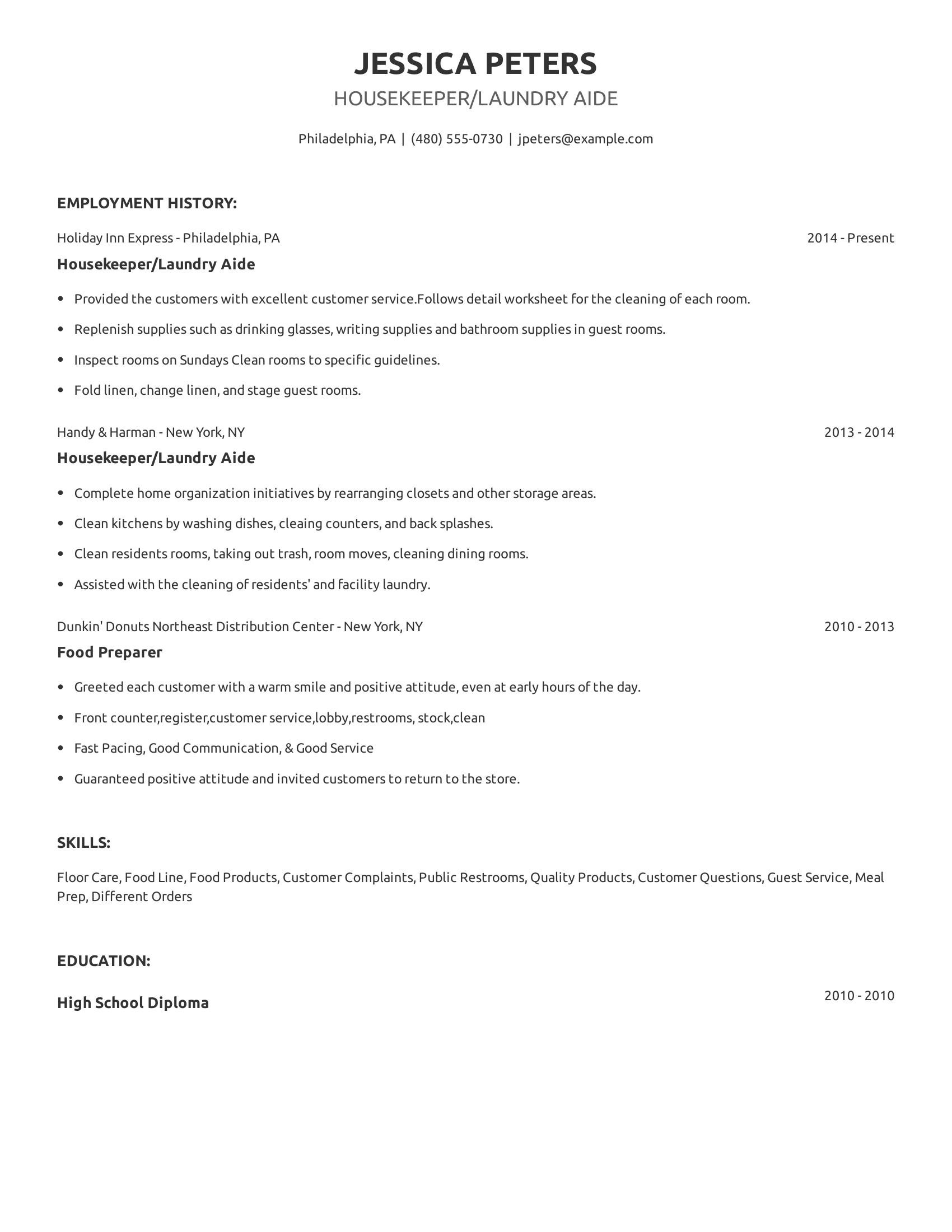 Housekeeper/Laundry Aide resume example