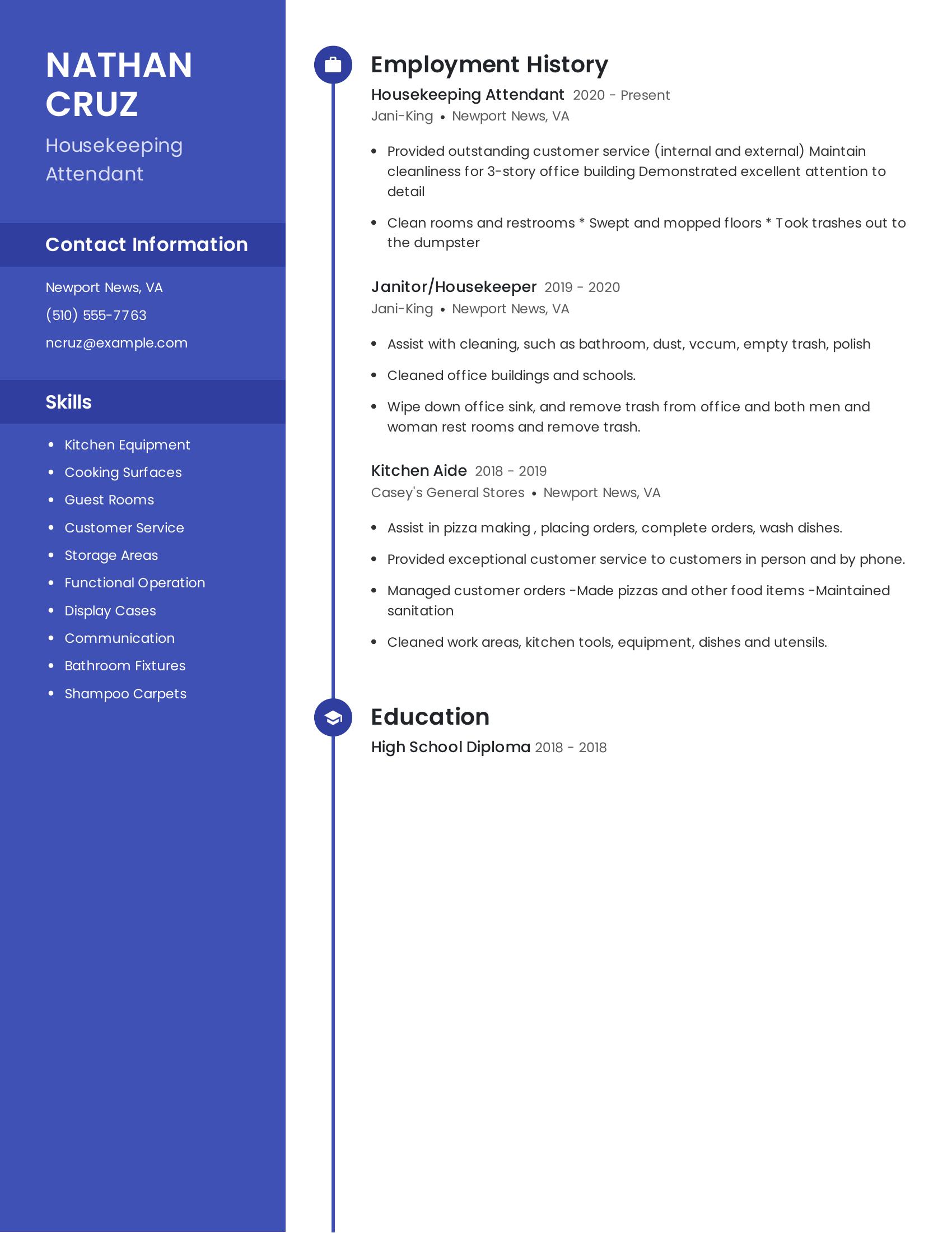 Housekeeping Attendant resume example