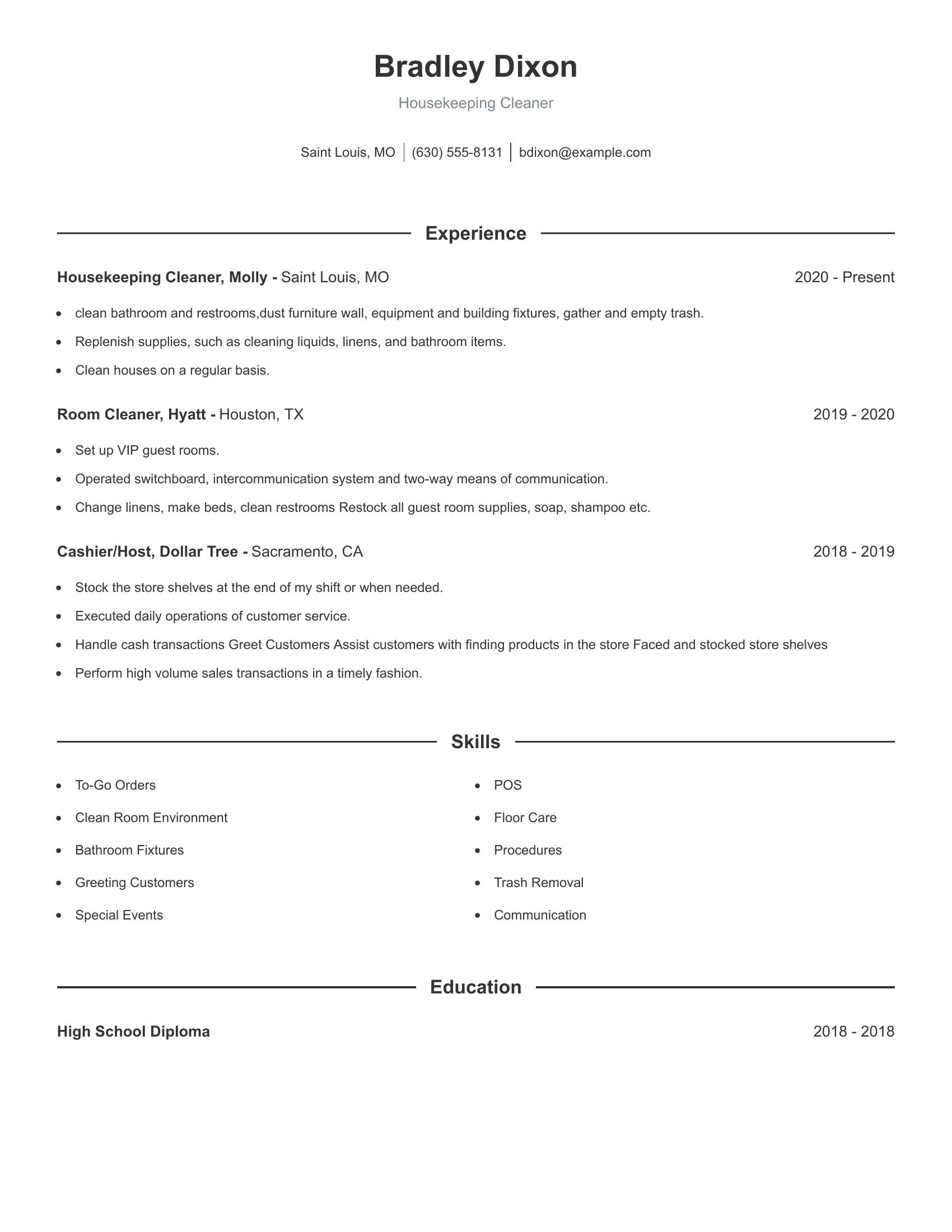 Housekeeping Cleaner resume example