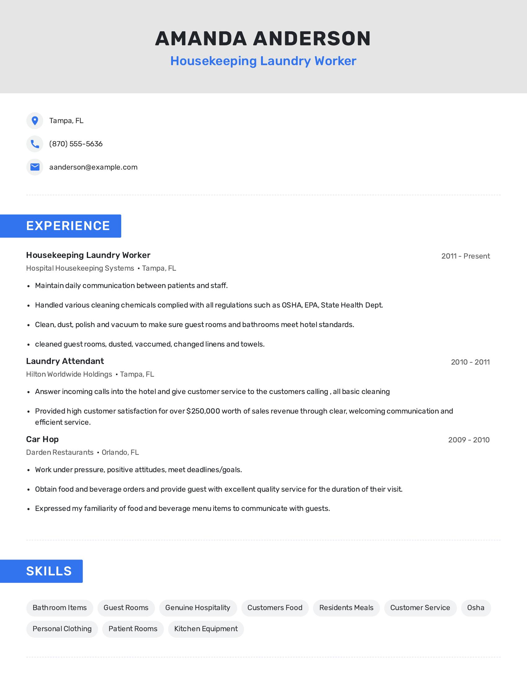 Housekeeping Laundry Worker resume example