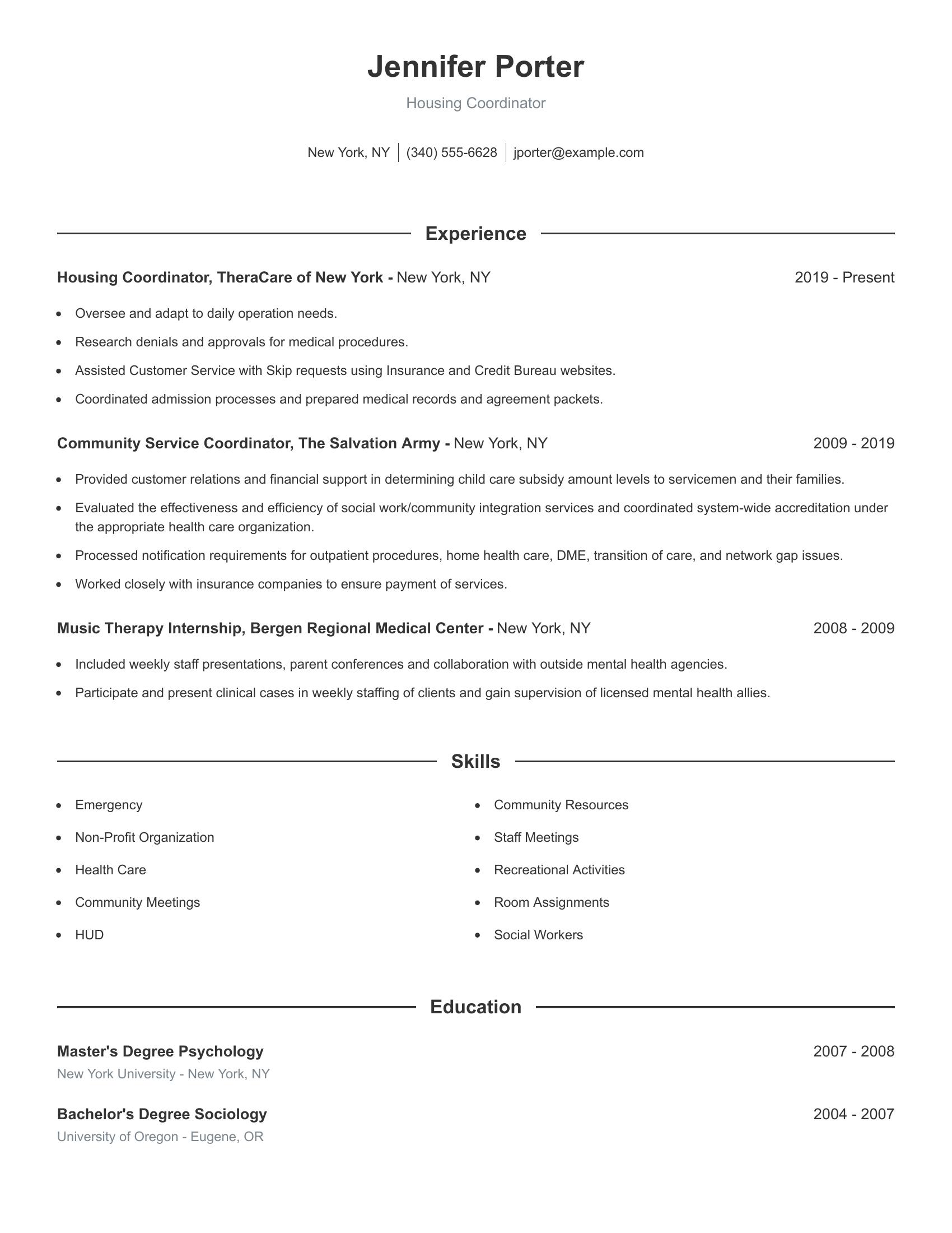 Housing Coordinator resume example