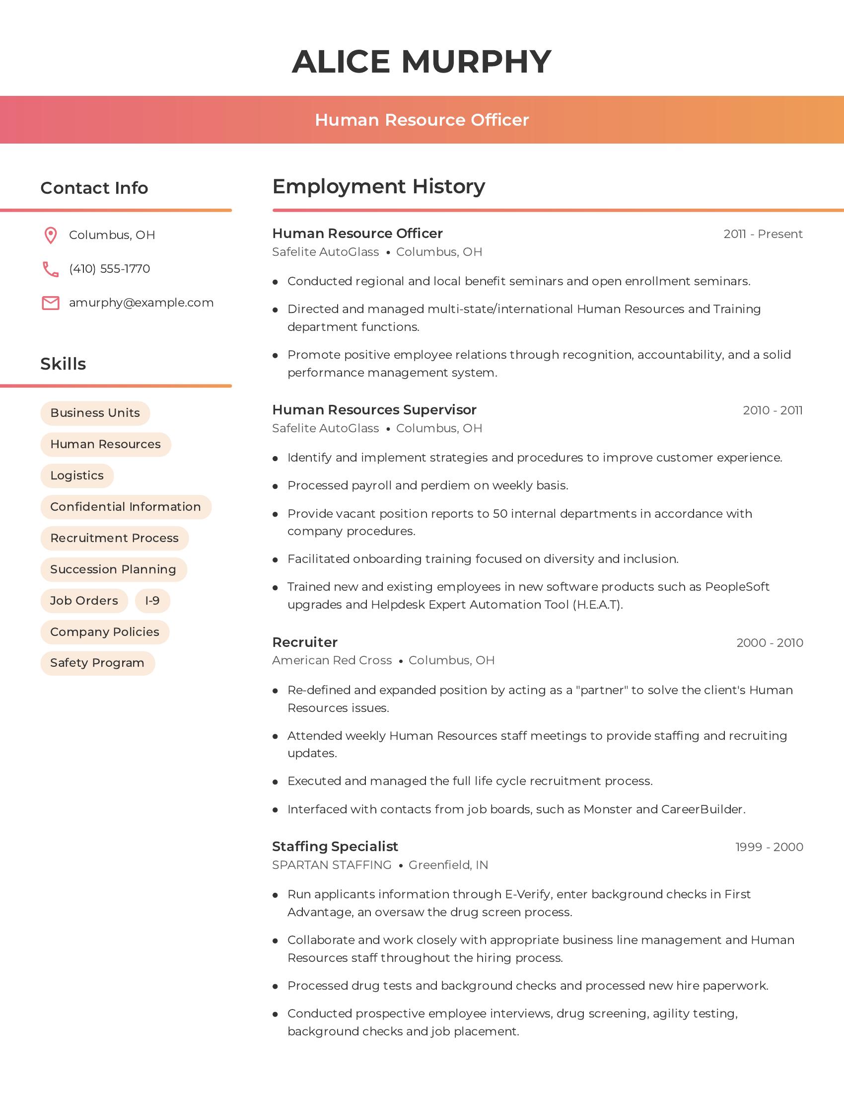 Human Resource Officer resume example