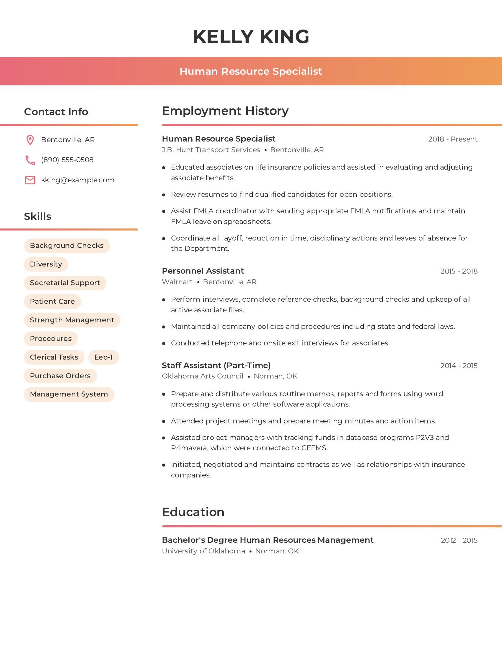 Human Resource Specialist resume example