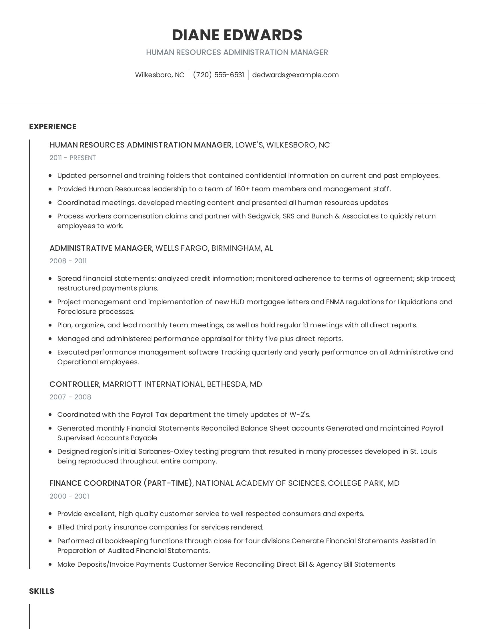 Human Resources Administration Manager resume example