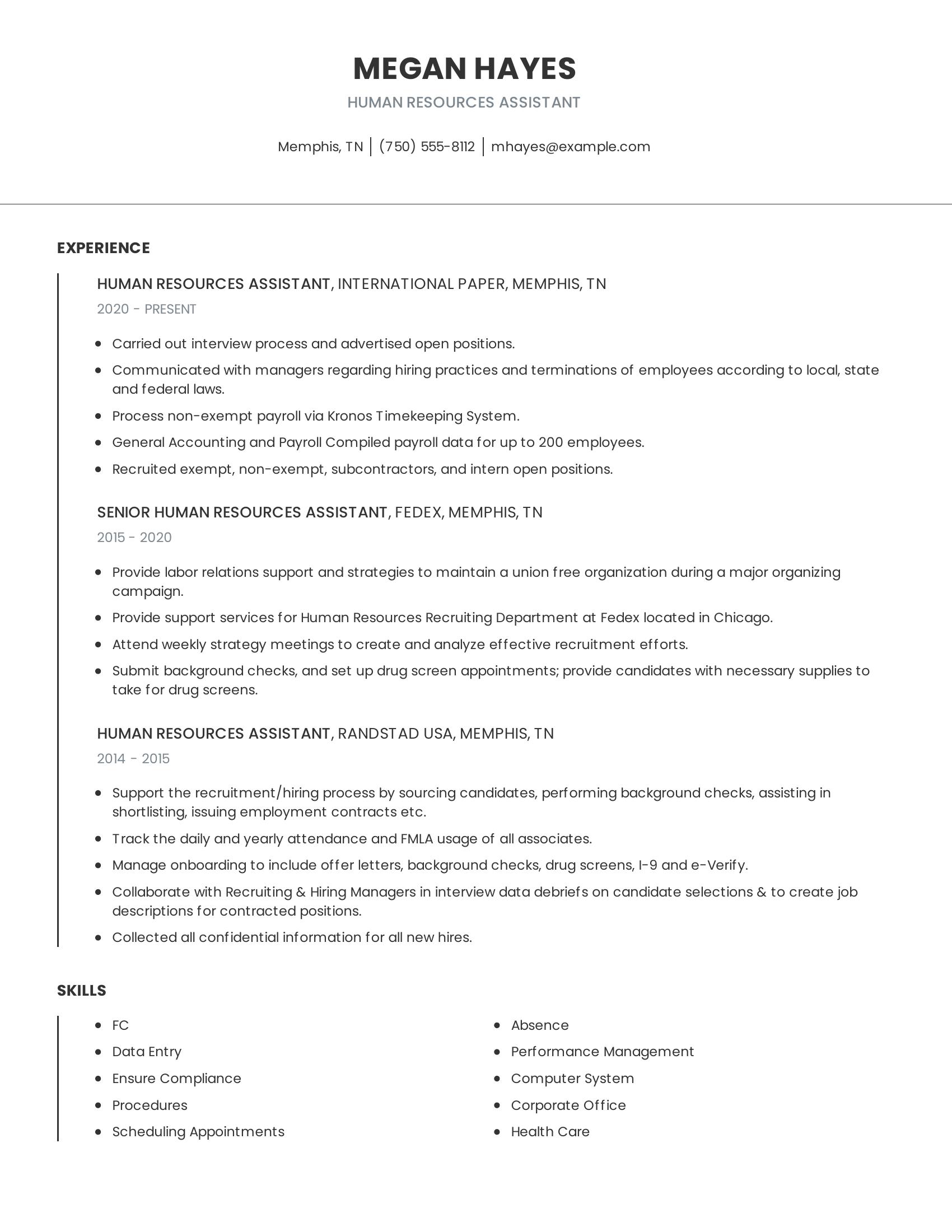 Human Resources Assistant resume example