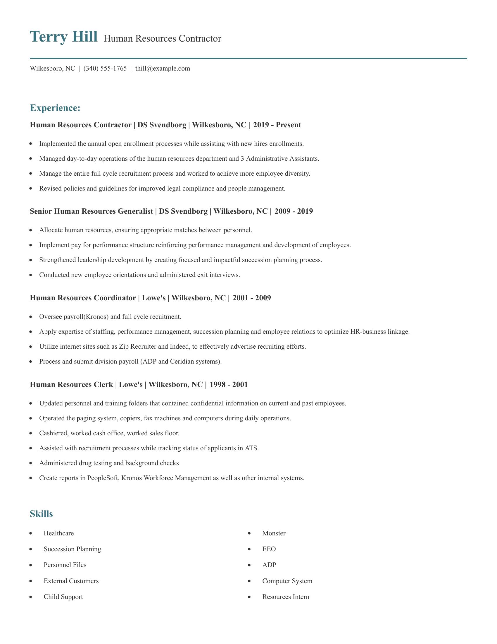 Human Resources Contractor resume example