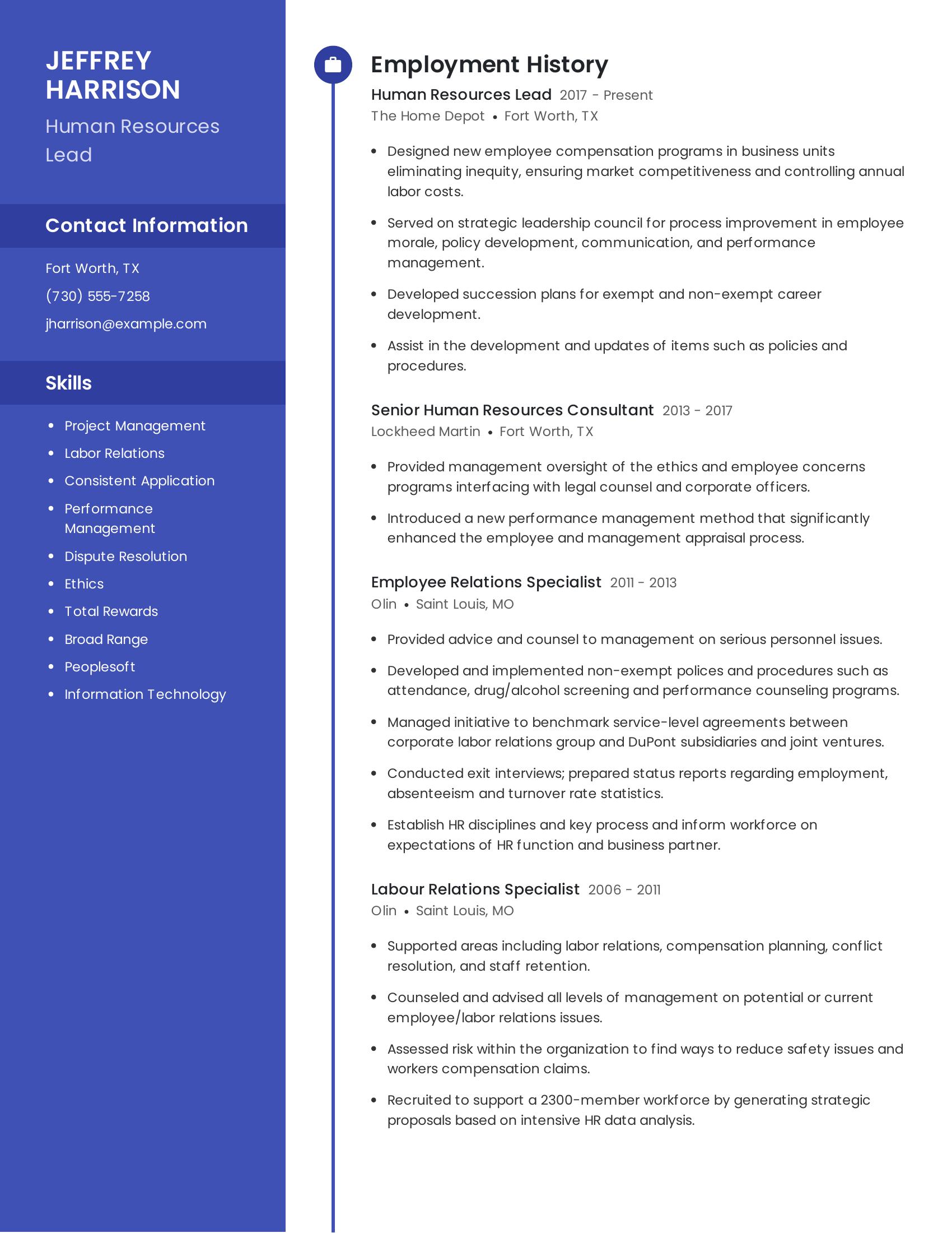 Human Resources Lead resume example