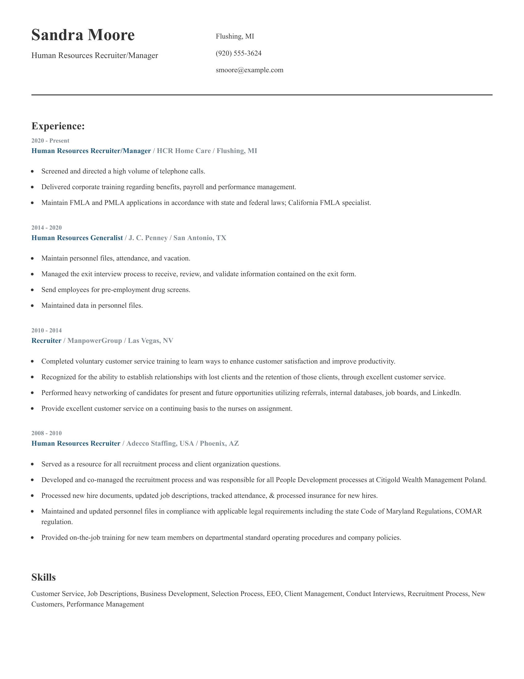 Human Resources Recruiter/Manager resume example