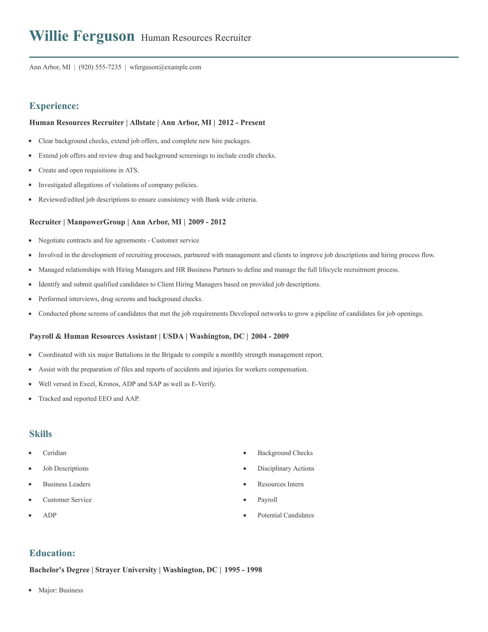 Human Resources Recruiter resume example