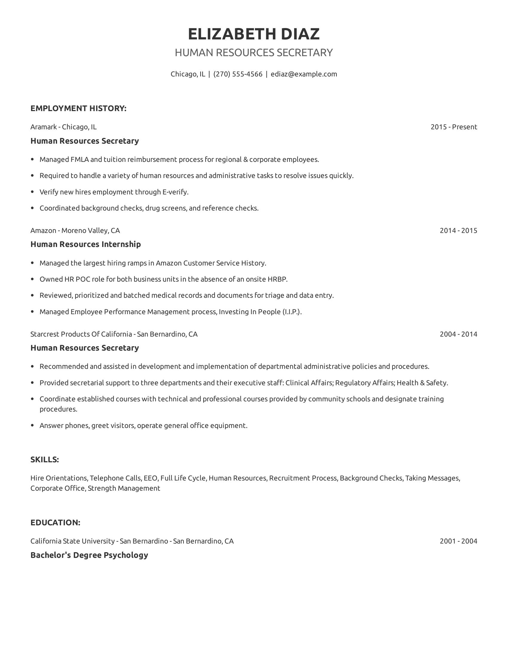 Human Resources Secretary resume example