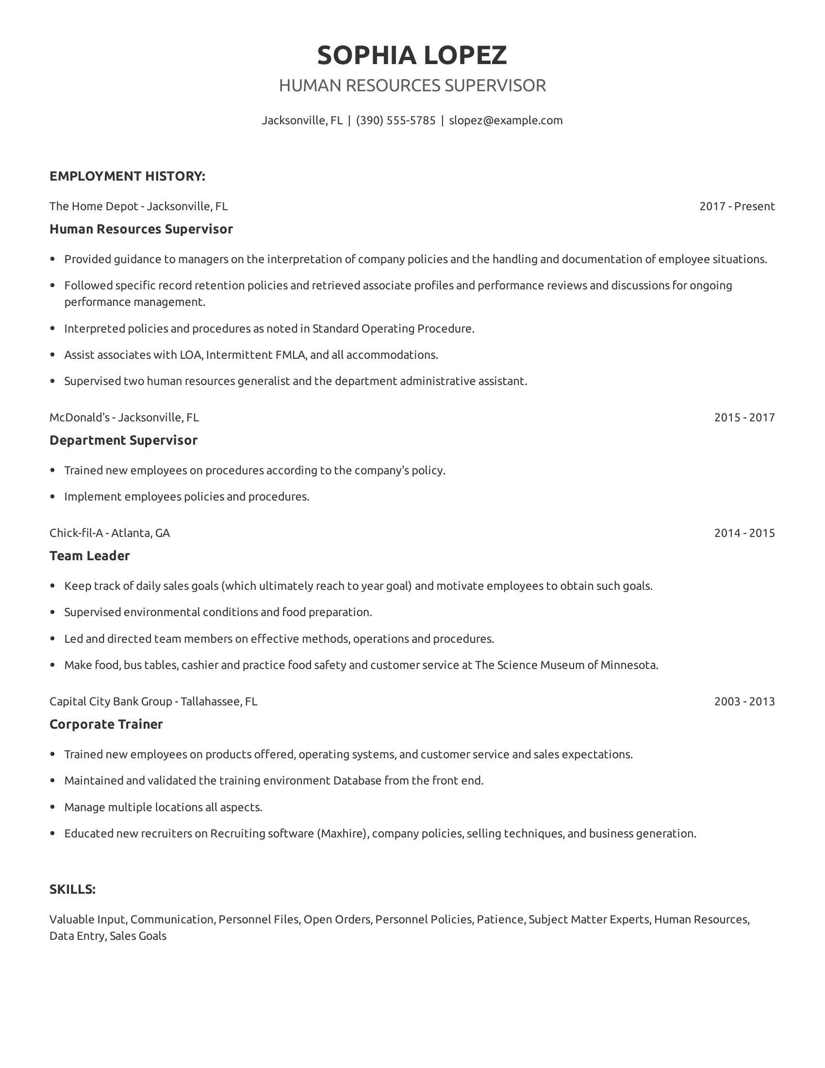 Human Resources Supervisor resume example