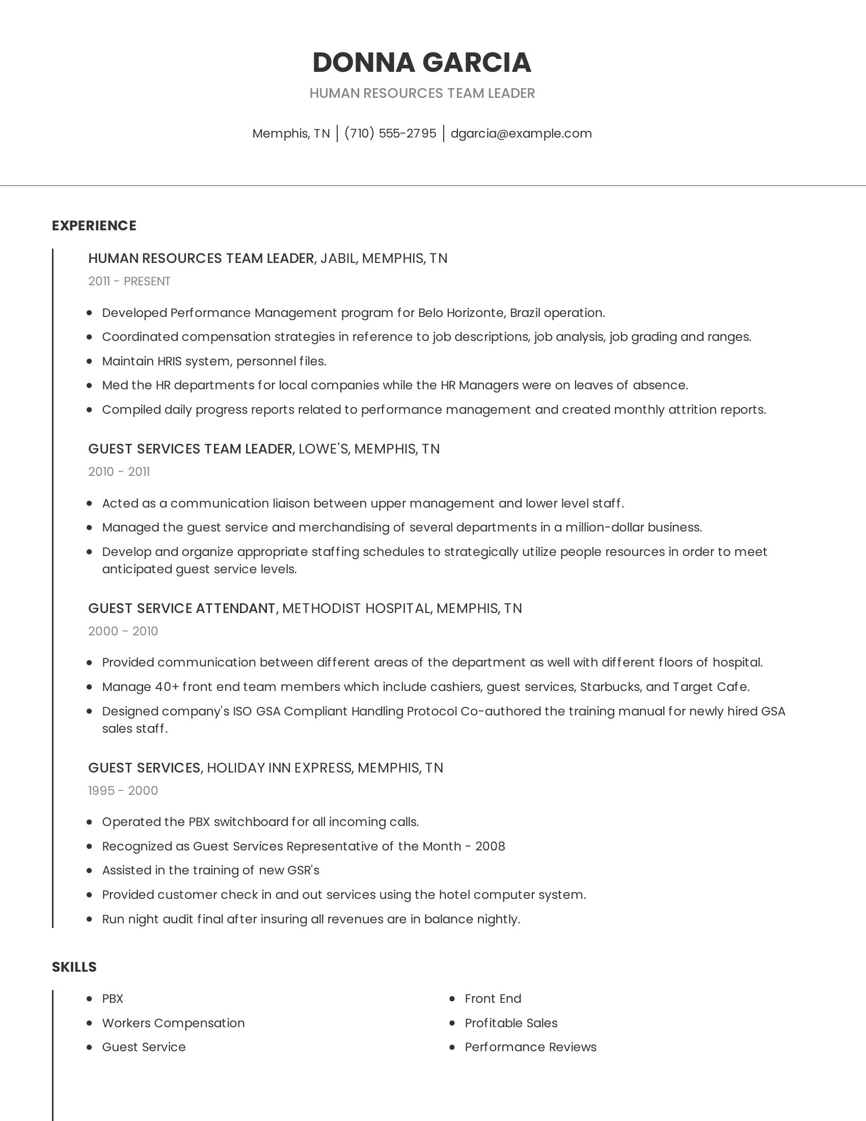 Human Resources Team Leader resume example