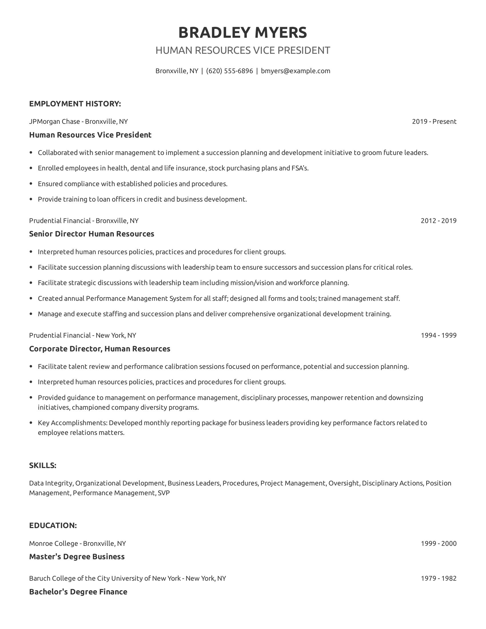 Human Resources Vice President resume example