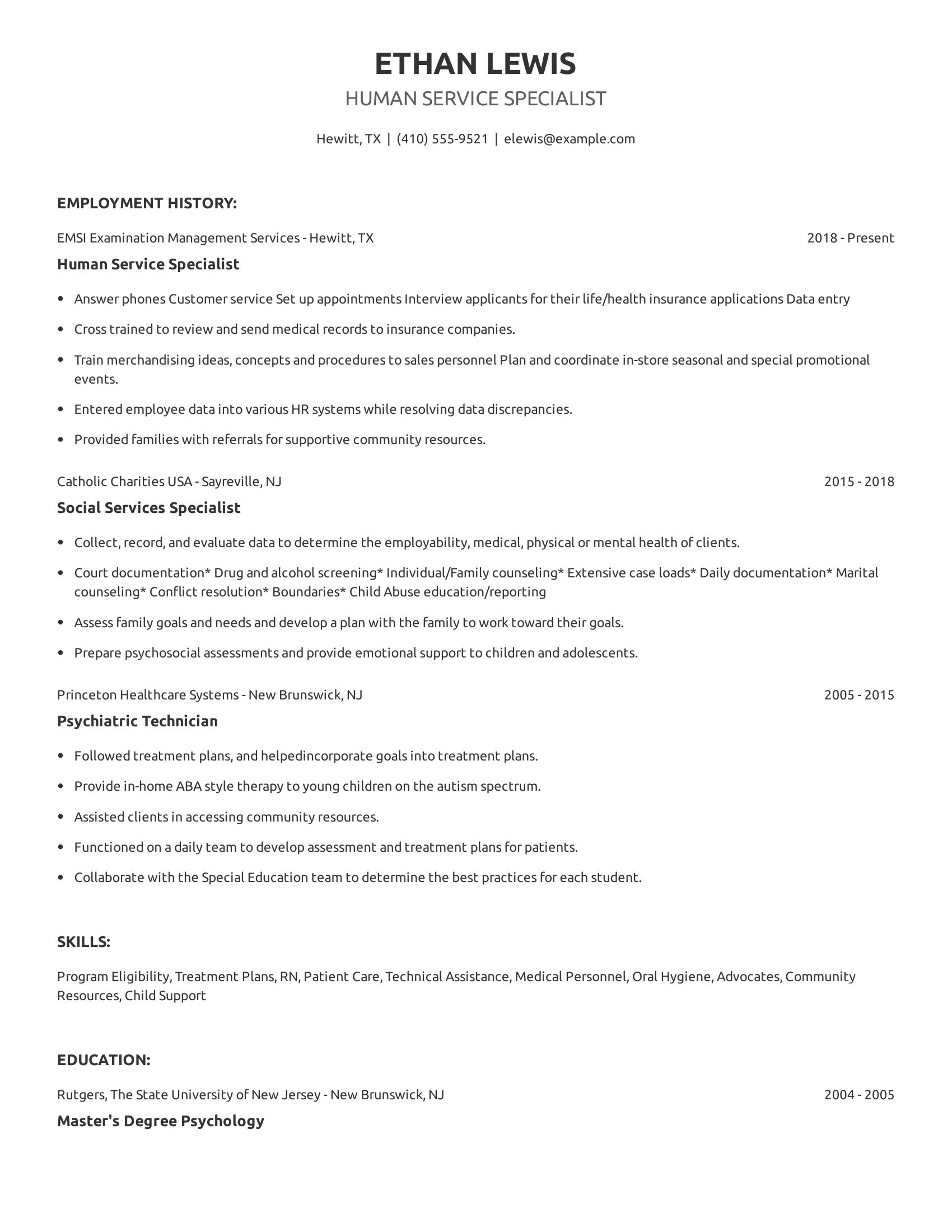 Human Service Specialist resume example