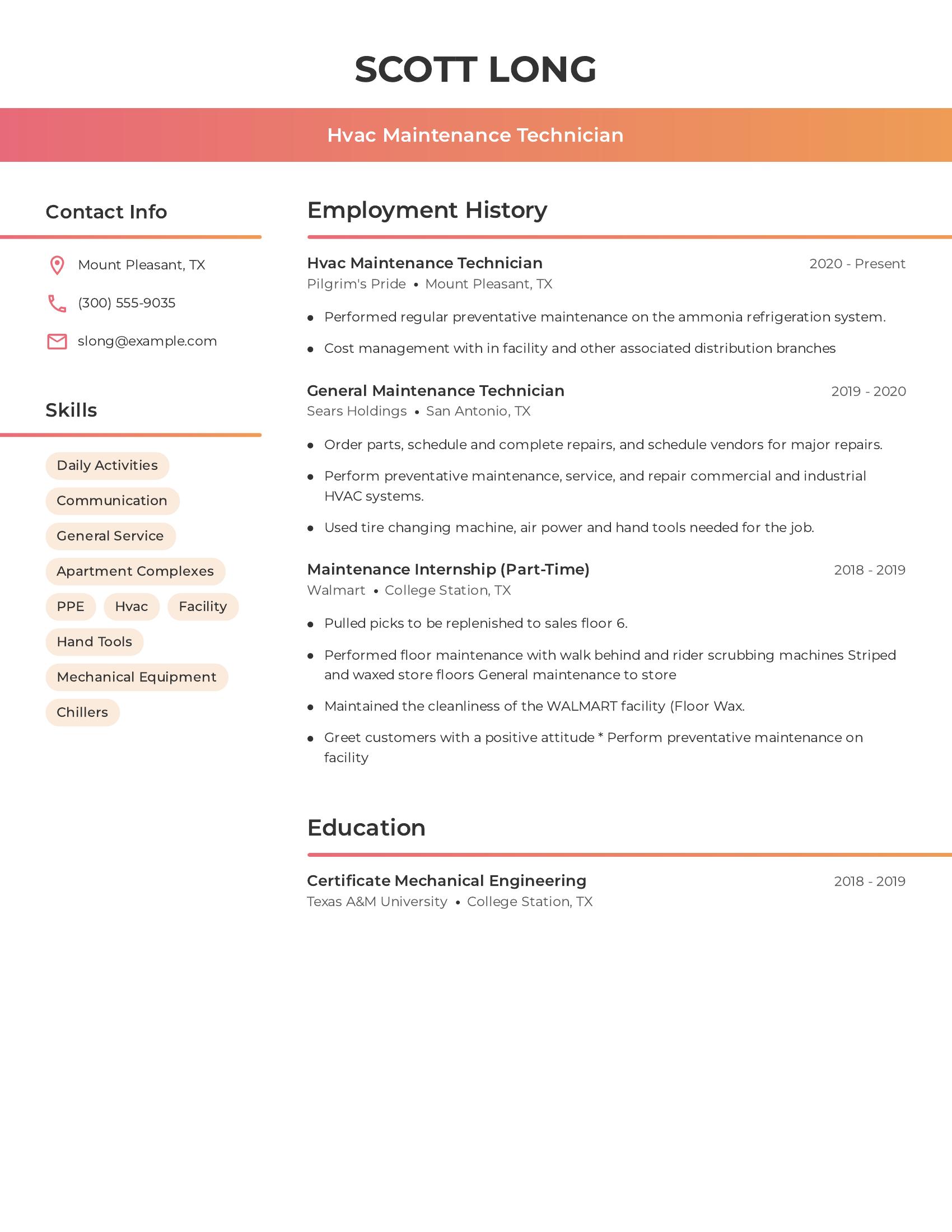 Hvac Maintenance Technician resume example