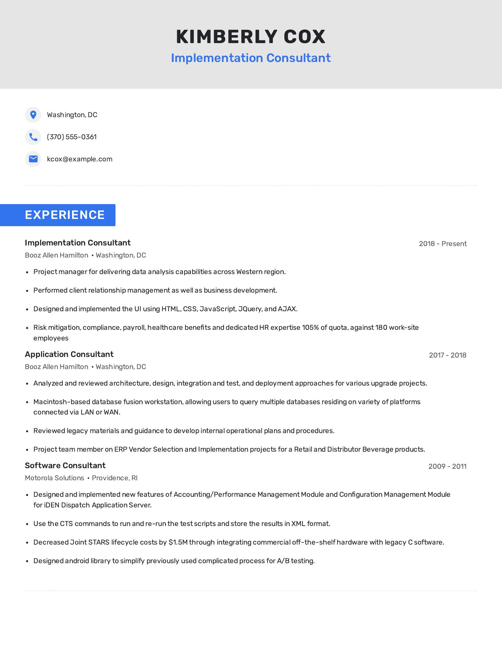 Implementation Consultant resume example