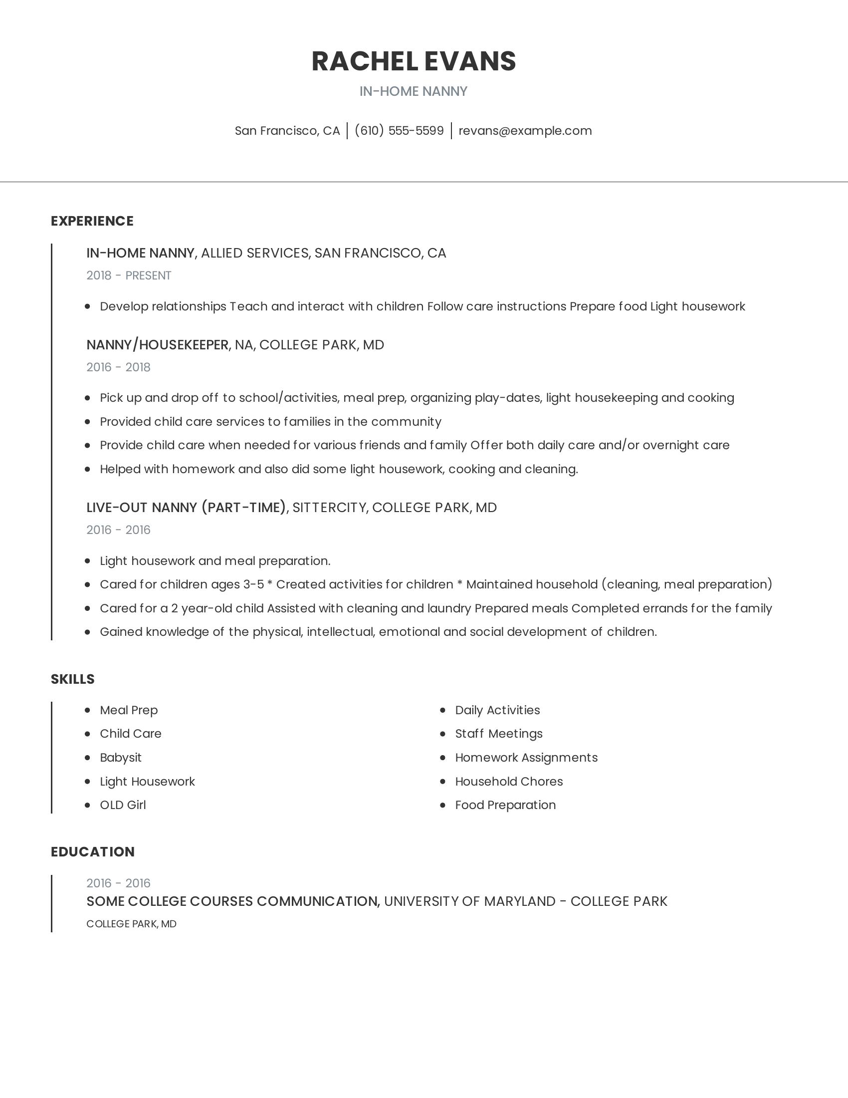 In-Home Nanny resume example