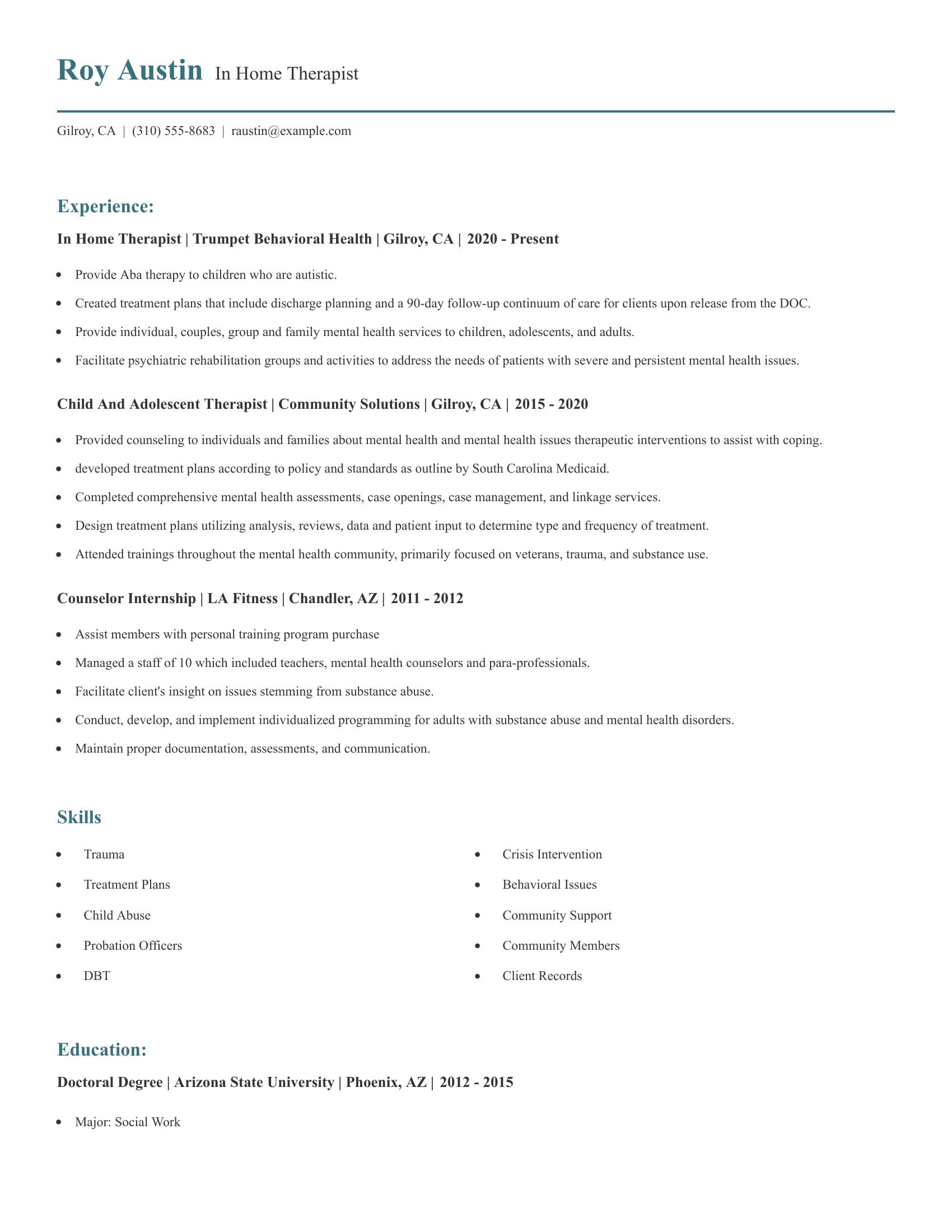 In Home Therapist resume example