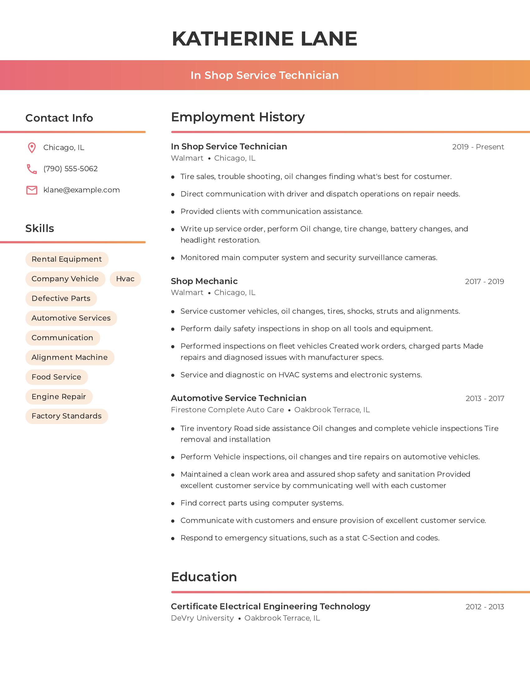 In Shop Service Technician resume example