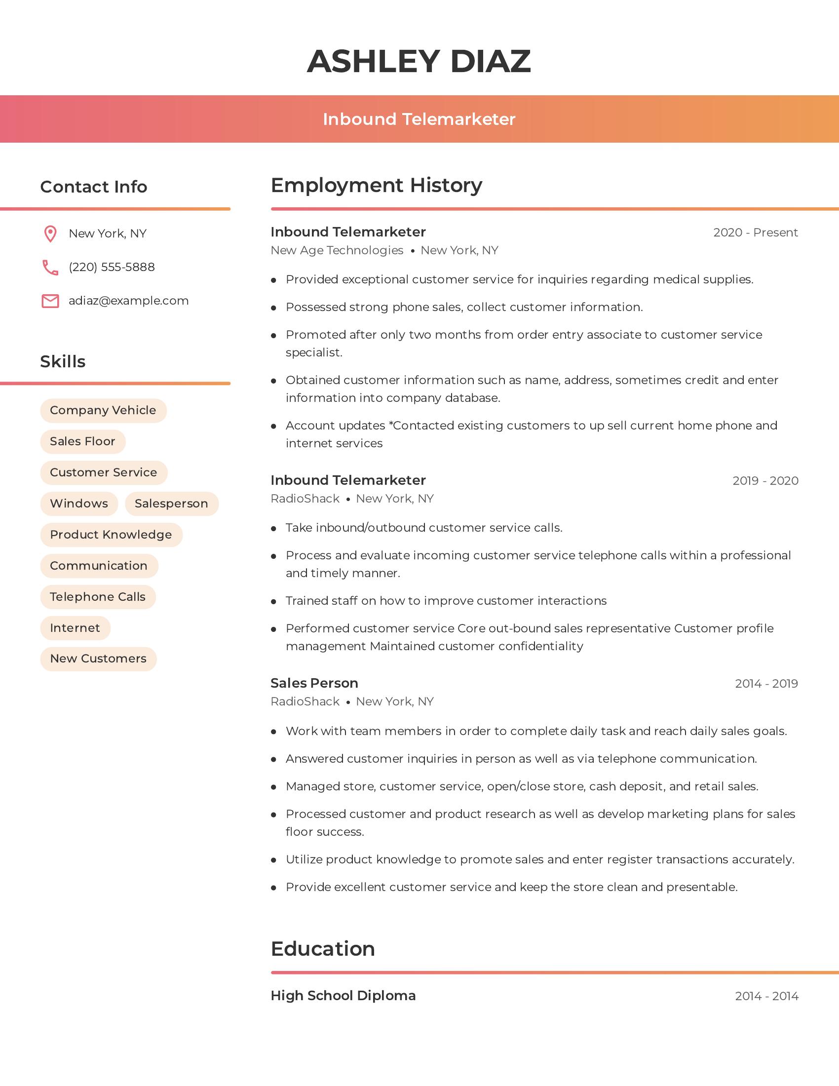 Inbound Telemarketer resume example