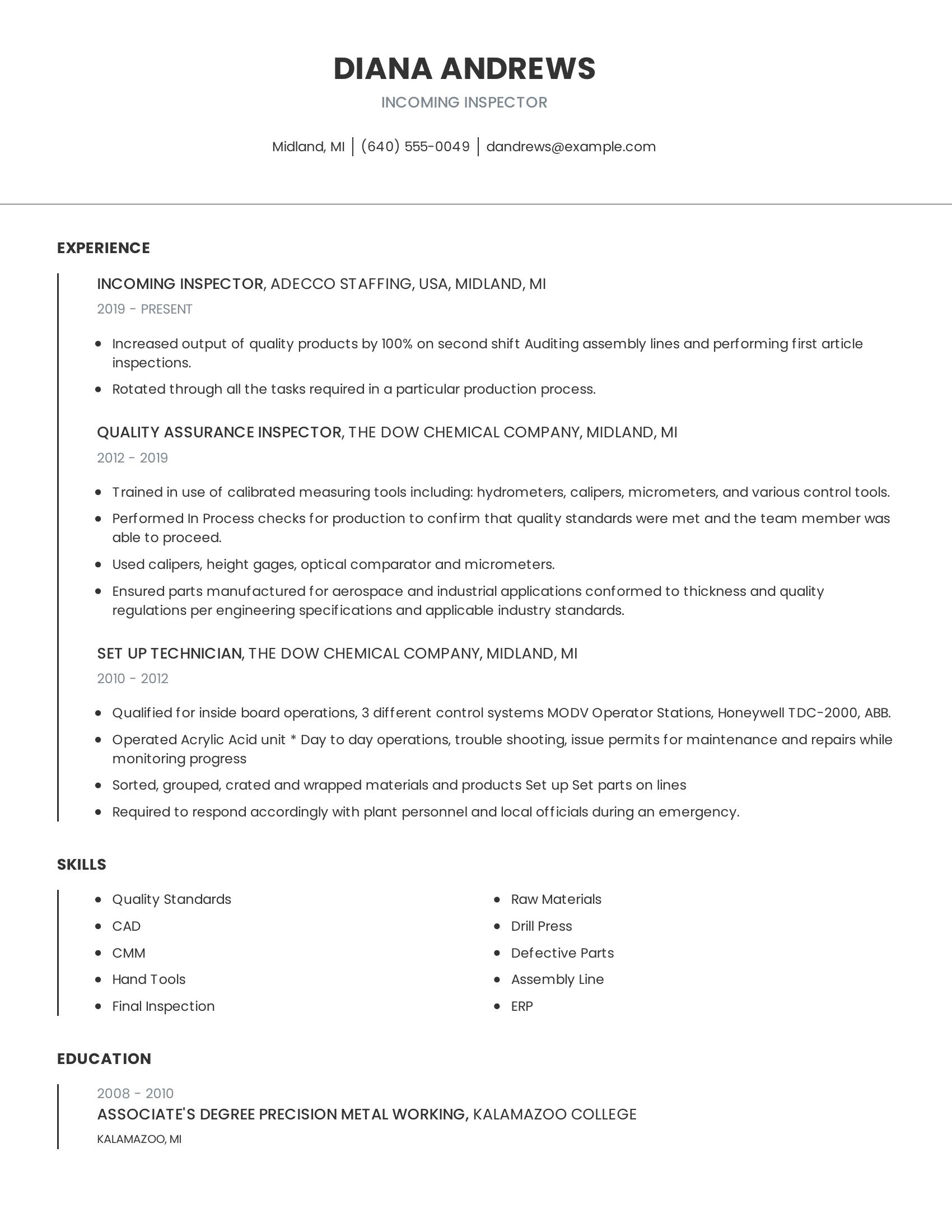 Incoming Inspector resume example