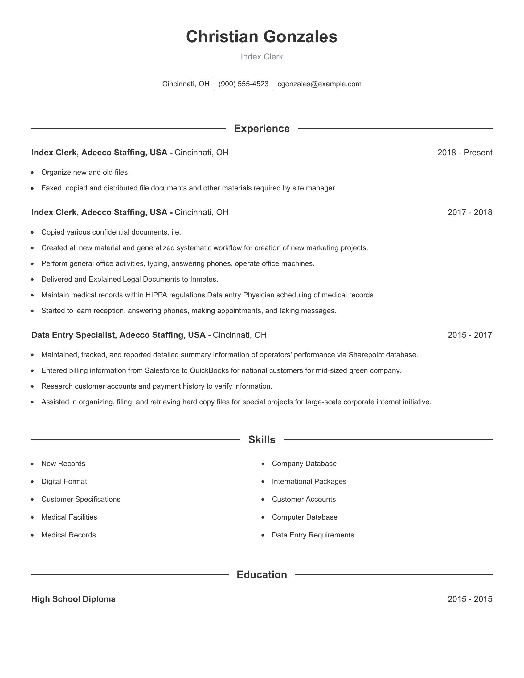 Index Clerk resume example