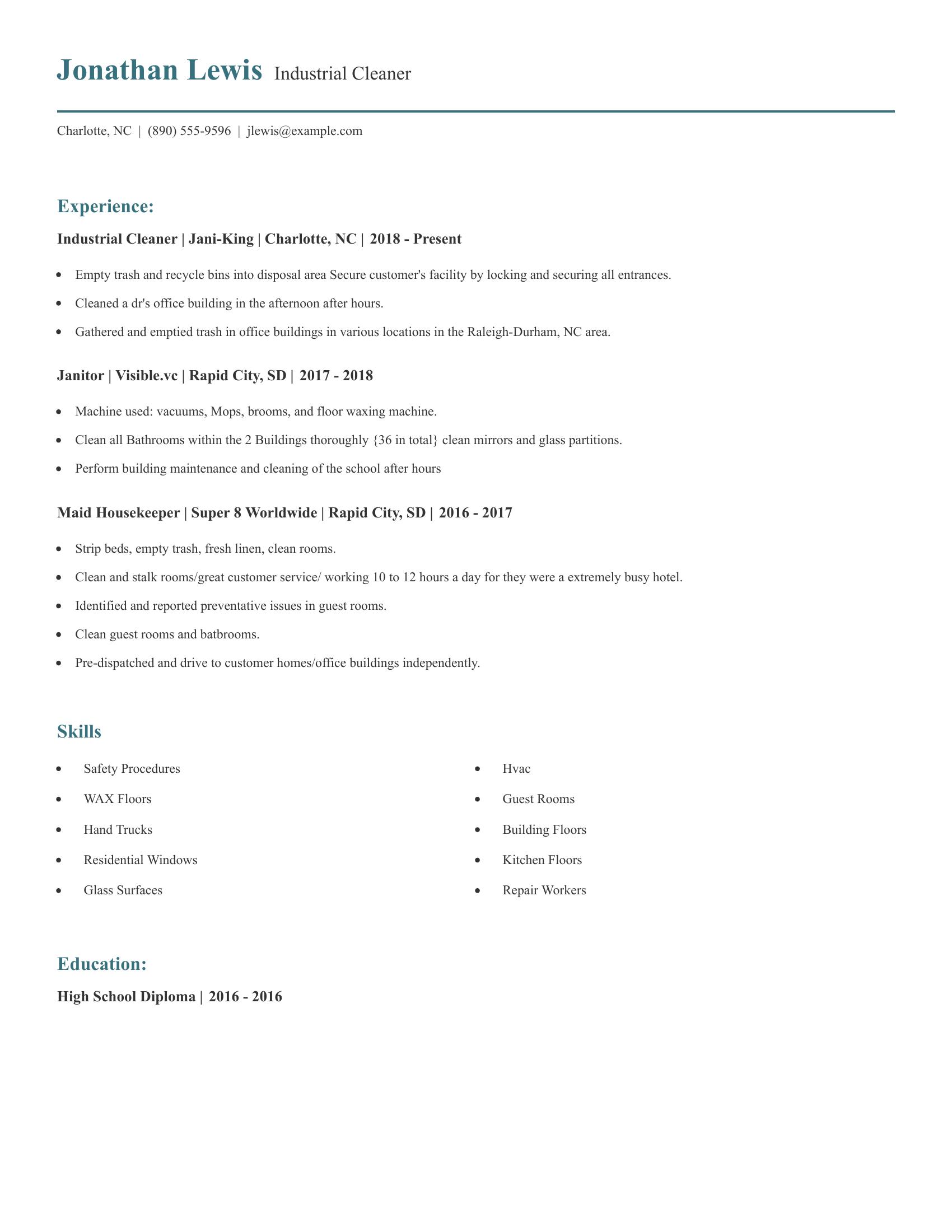 Industrial Cleaner resume example