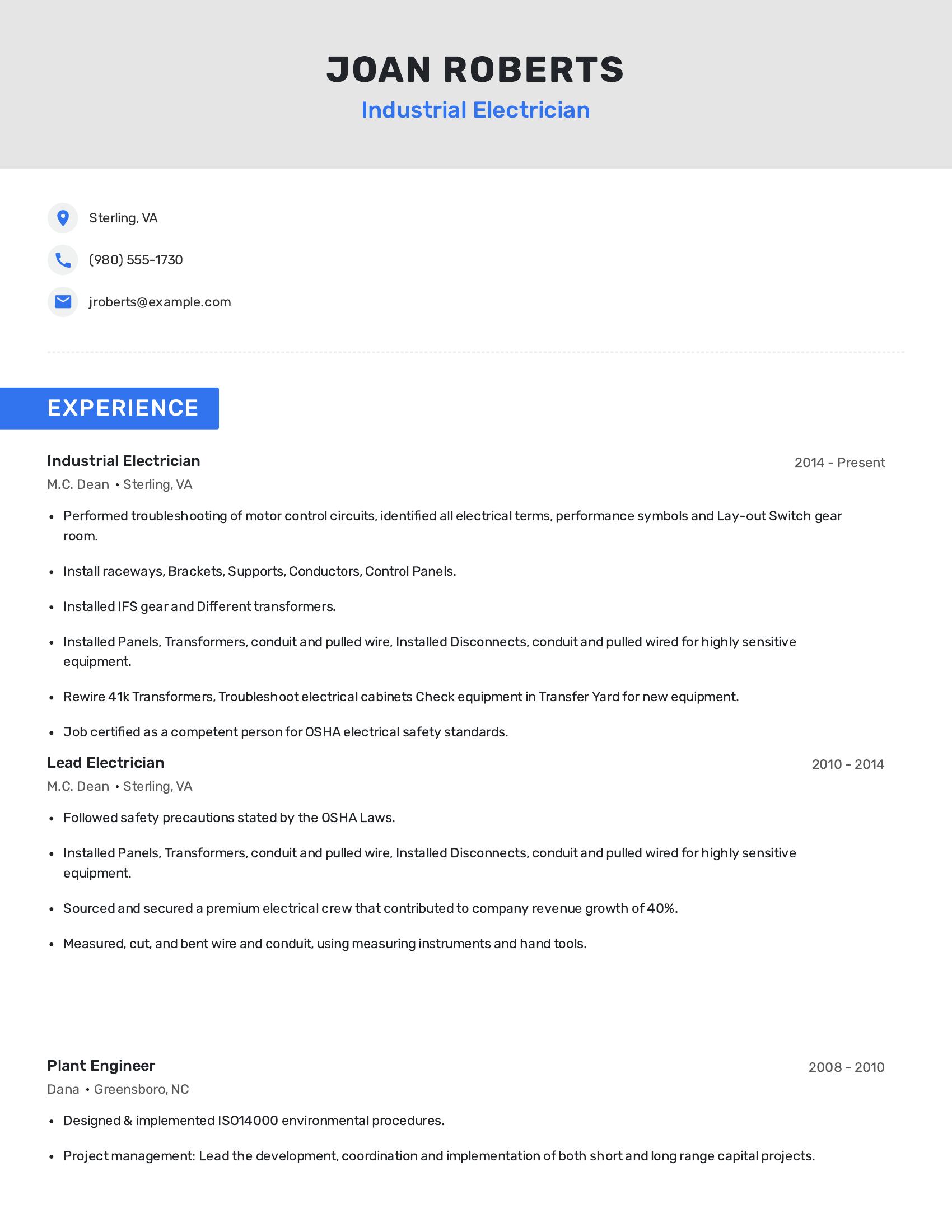 Industrial Electrician resume example