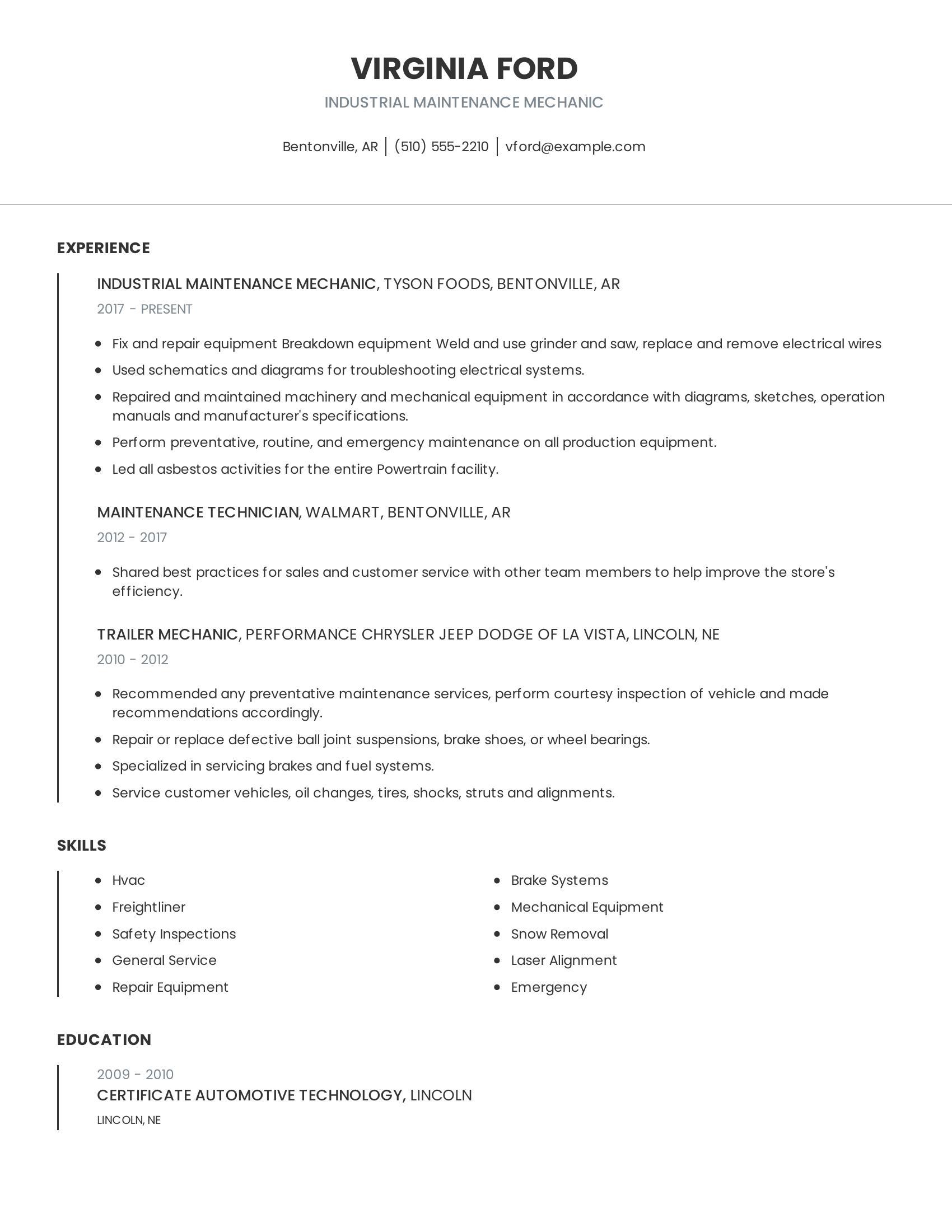 Industrial Maintenance Mechanic resume example