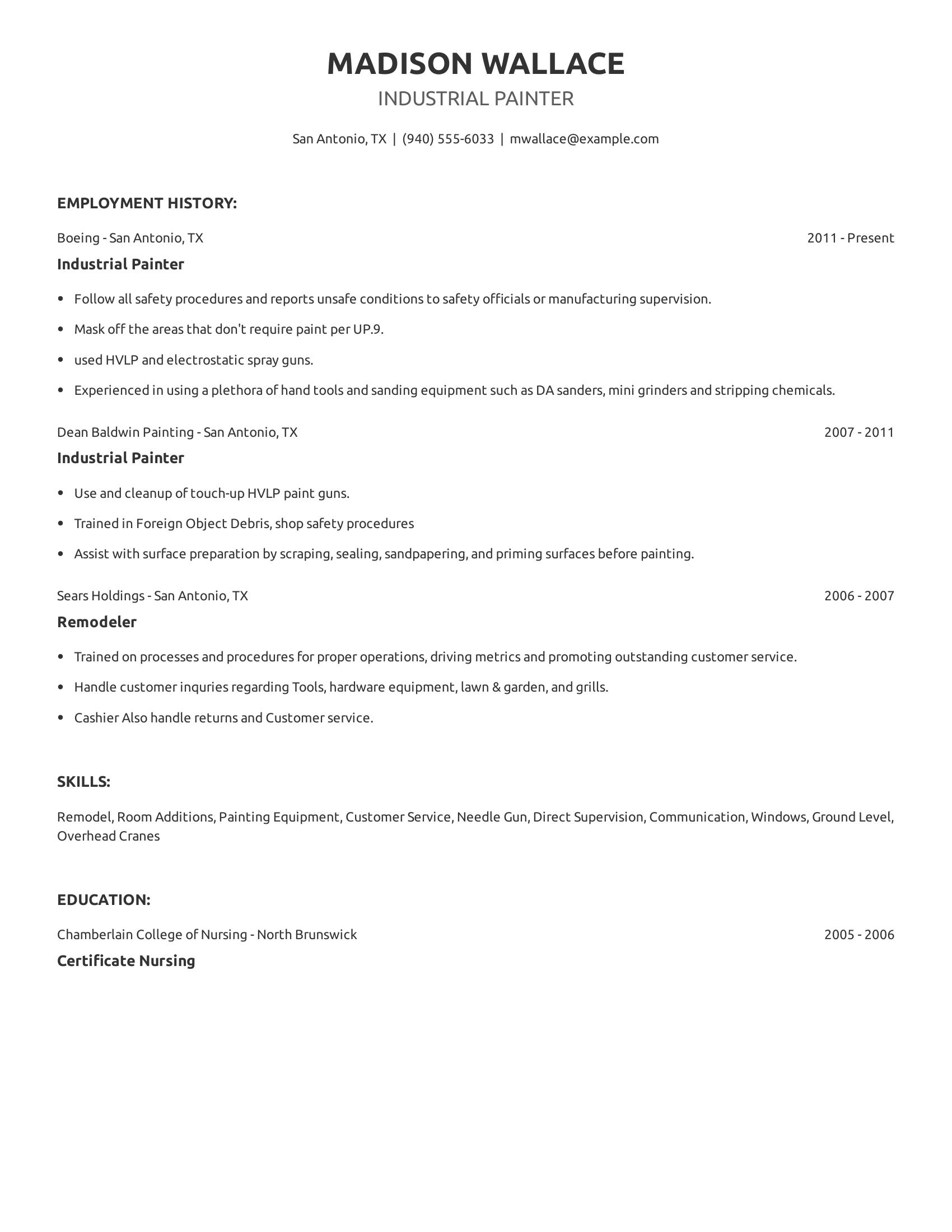 Industrial Painter resume example