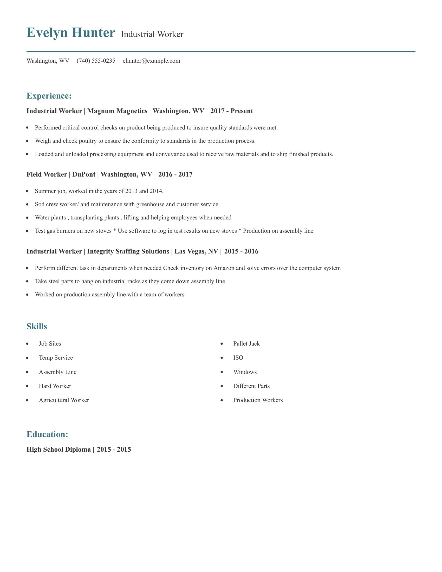 Industrial Worker resume example