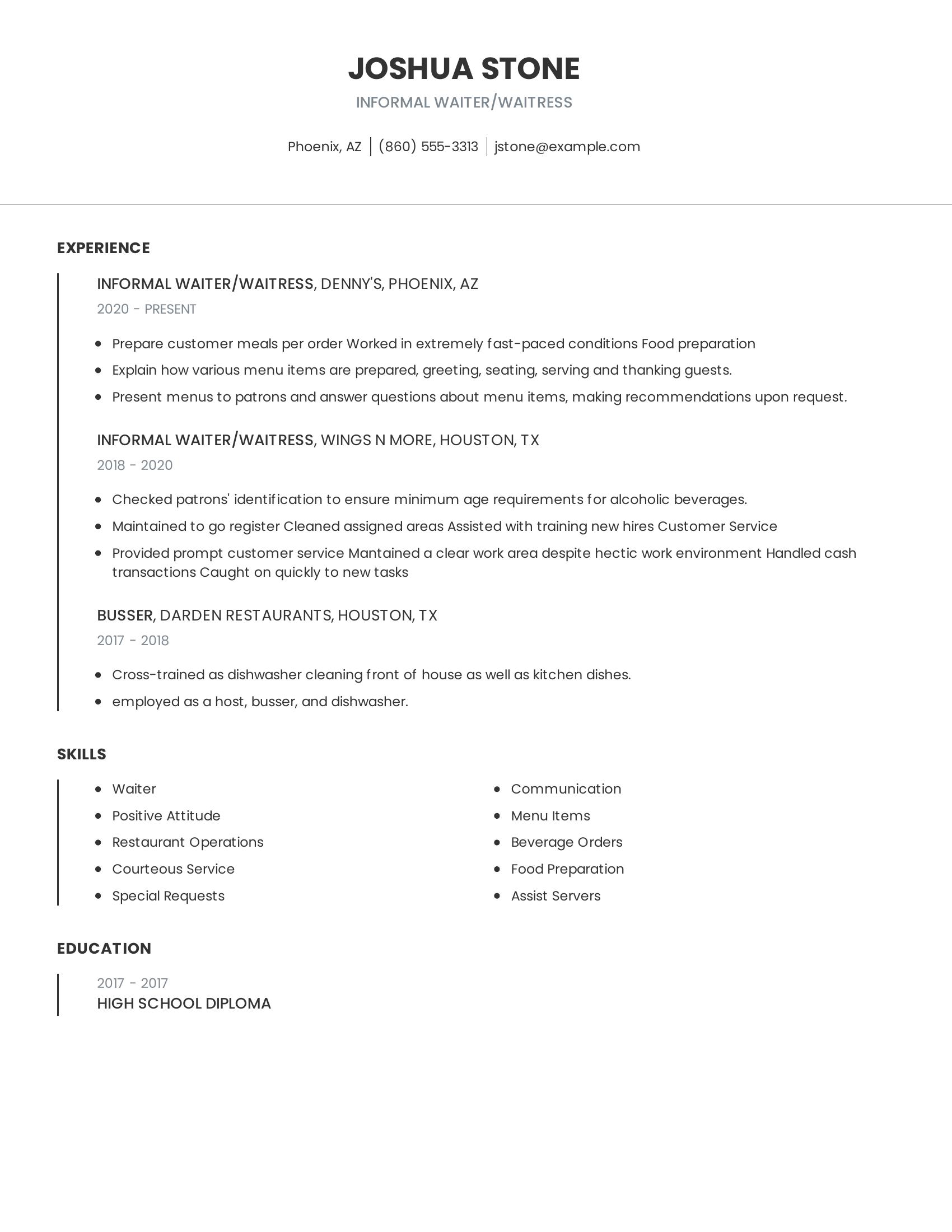 Informal Waiter/Waitress resume example